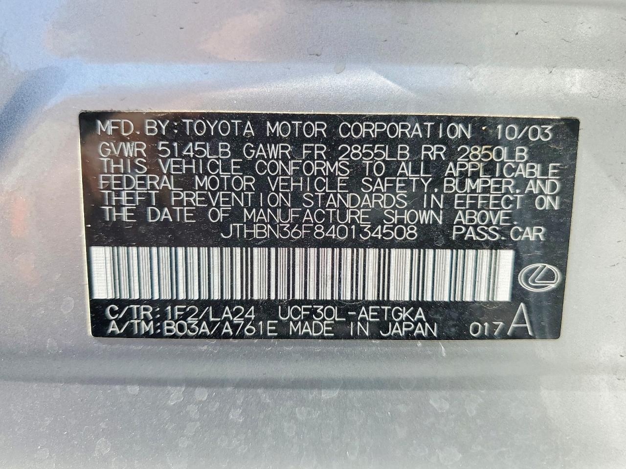 2004 Lexus Ls 430 Серебряный vin: JTHBN36F840134508
