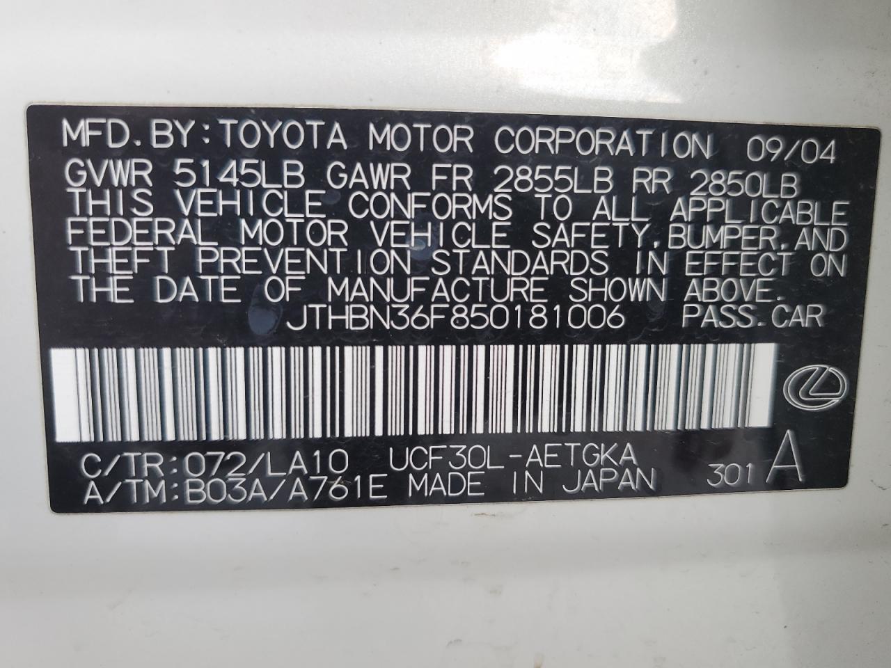 2005 Lexus Ls 430 White vin: JTHBN36F850181006