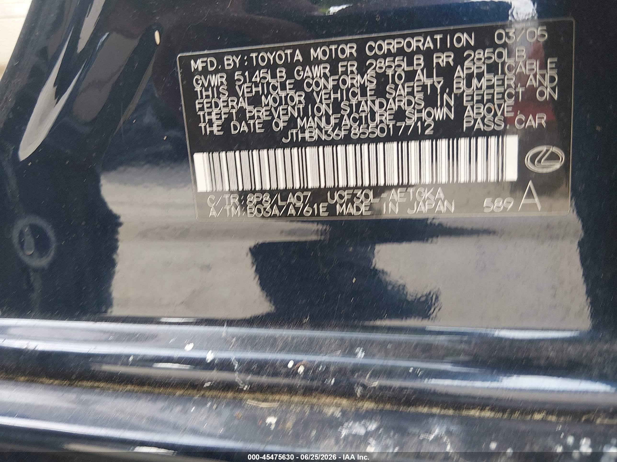 2005 Lexus Ls 430 Black vin: JTHBN36F855017712