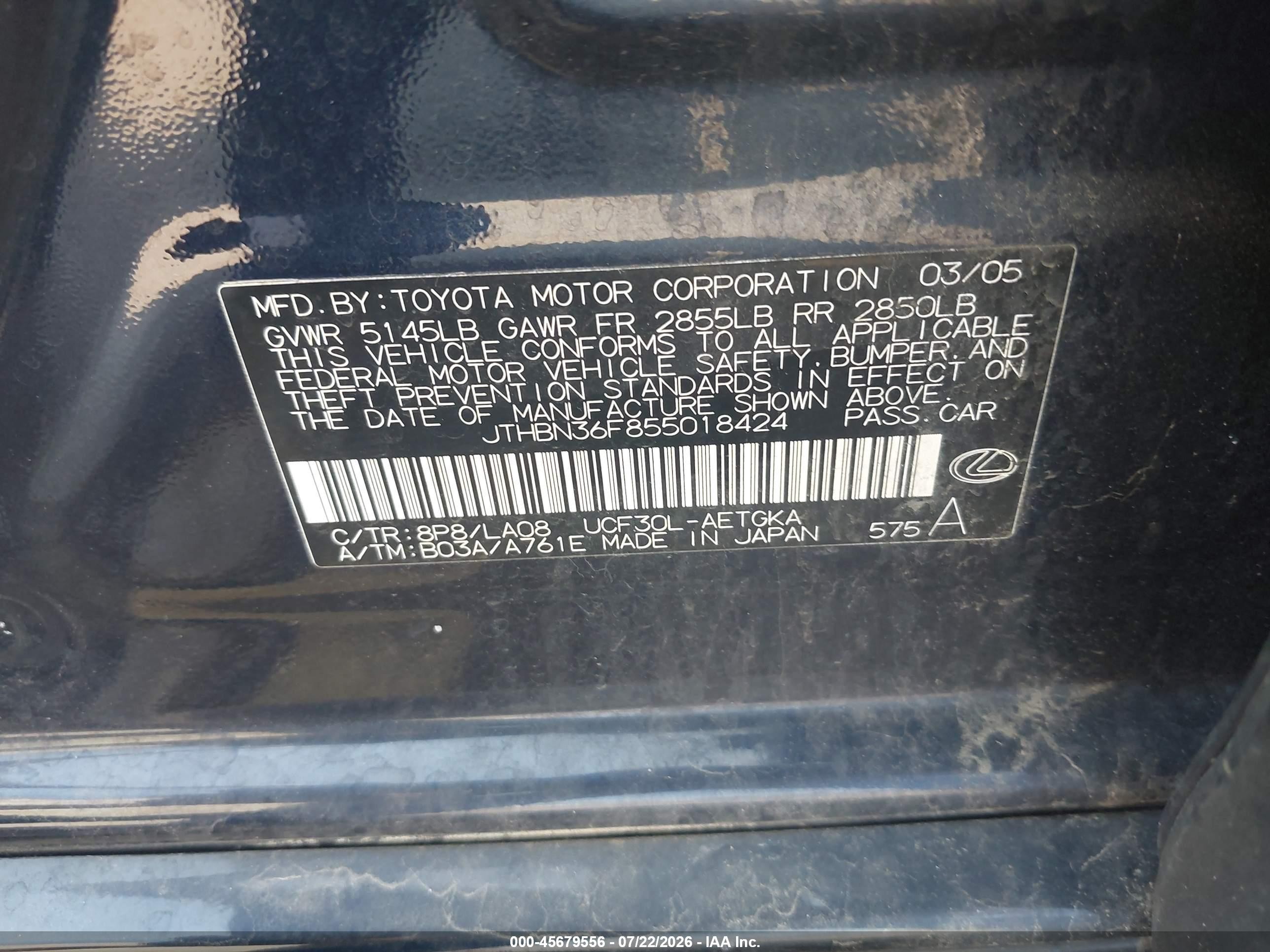 2005 Lexus Ls 430   Синий vin: JTHBN36F855018424