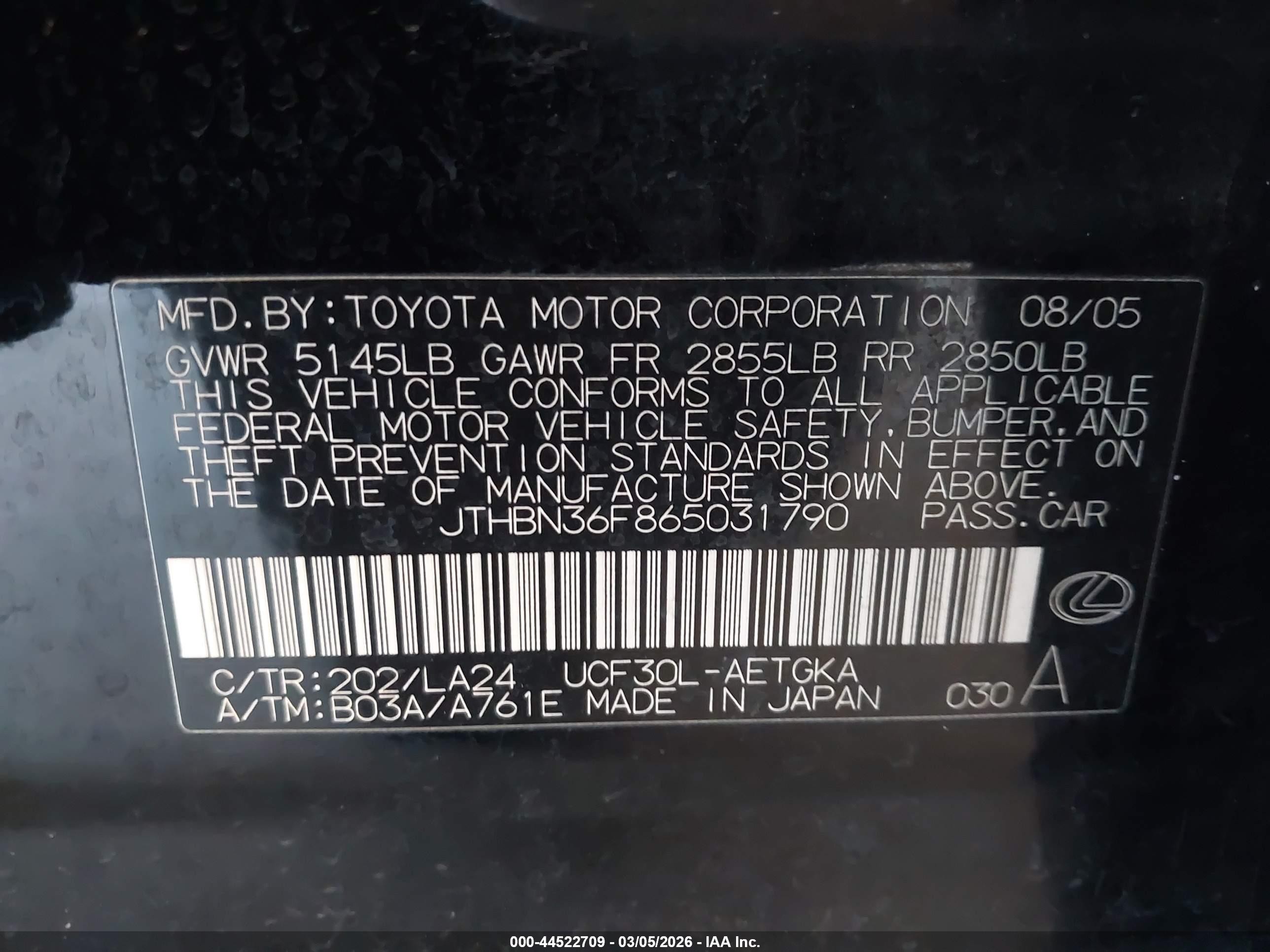2006 Lexus Ls 430   Black vin: JTHBN36F865031790