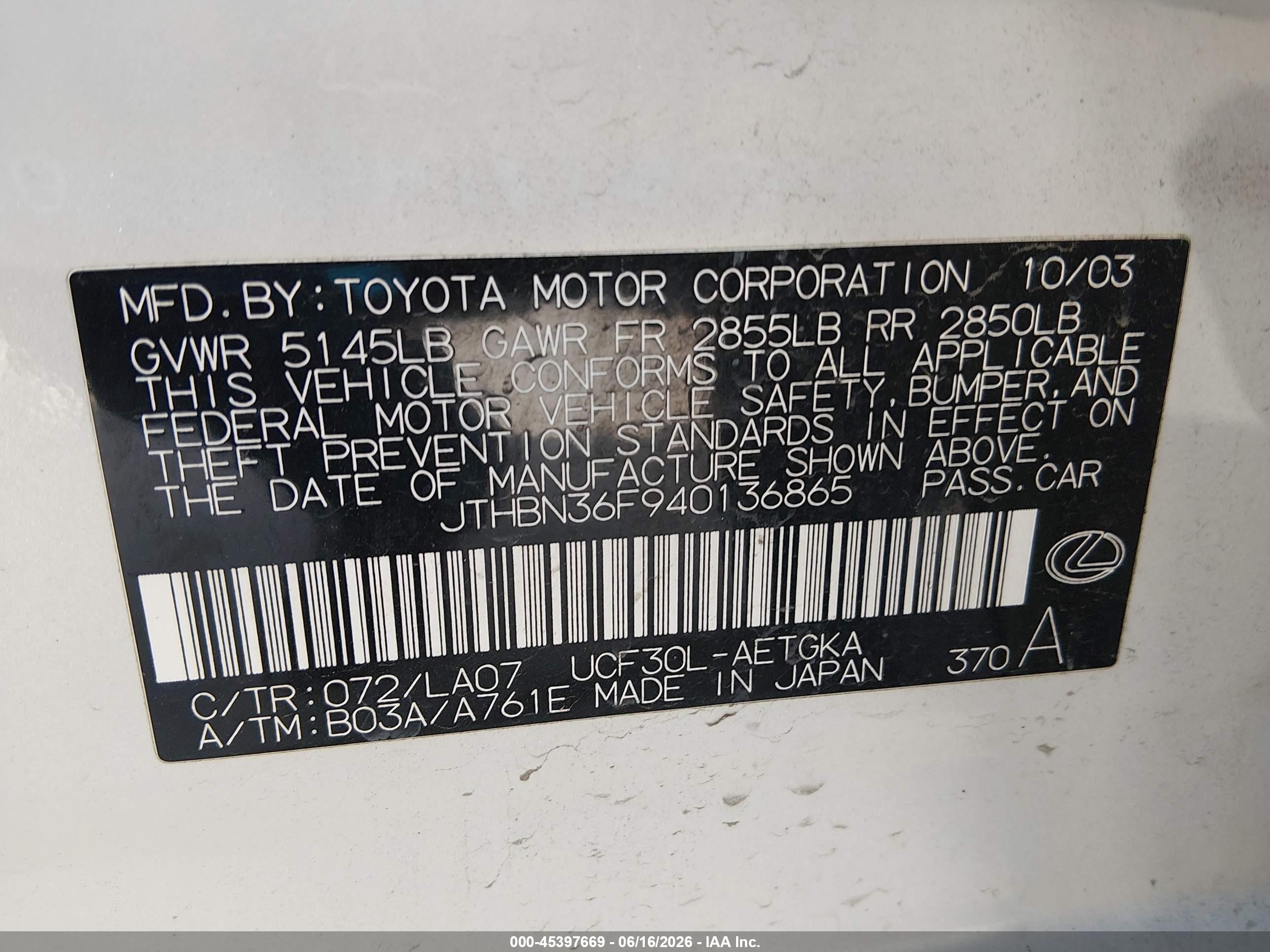 2004 Lexus Ls 430 Champagne vin: JTHBN36F940136865