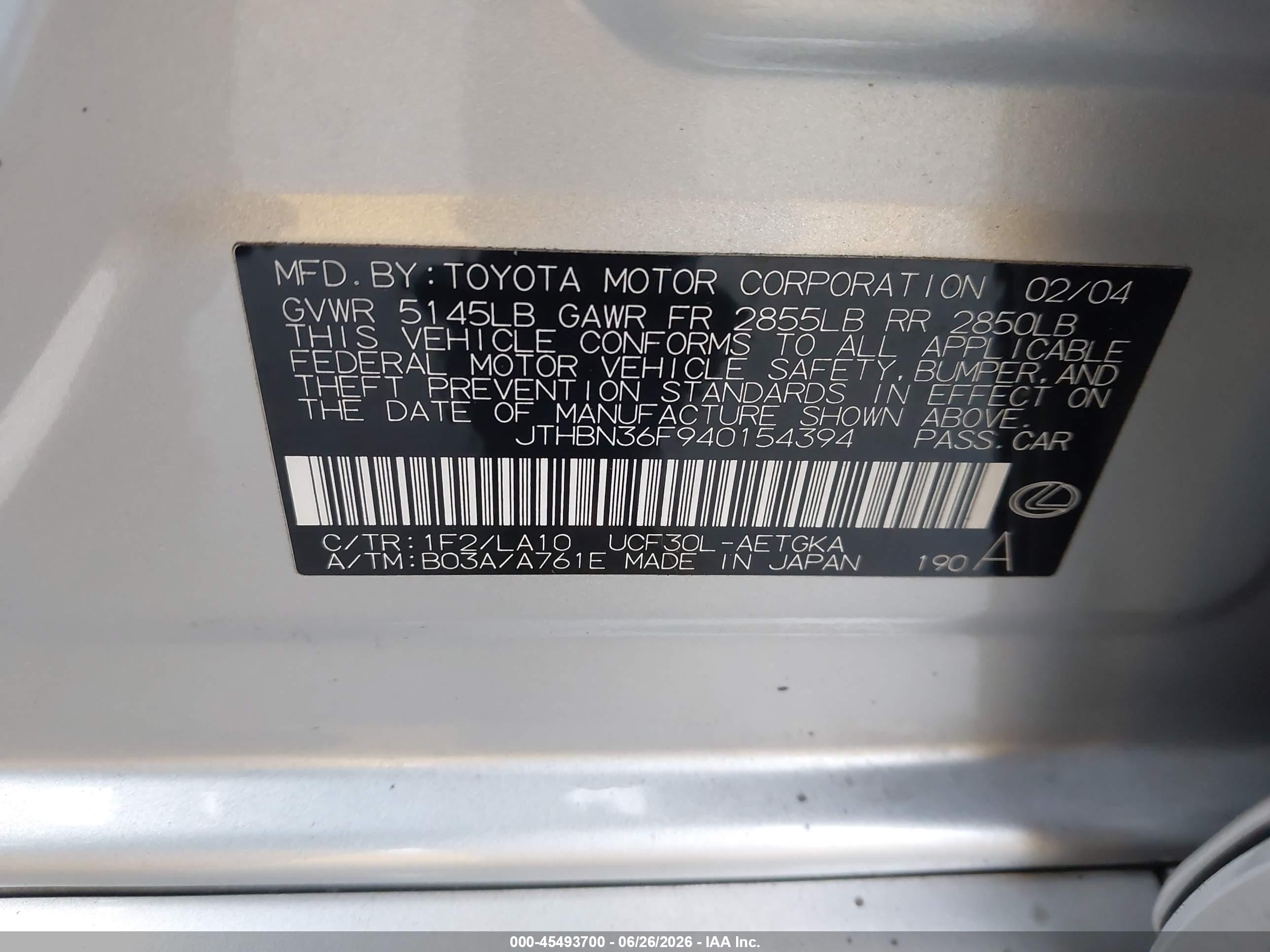 2004 Lexus Ls 430   Gray vin: JTHBN36F940154394