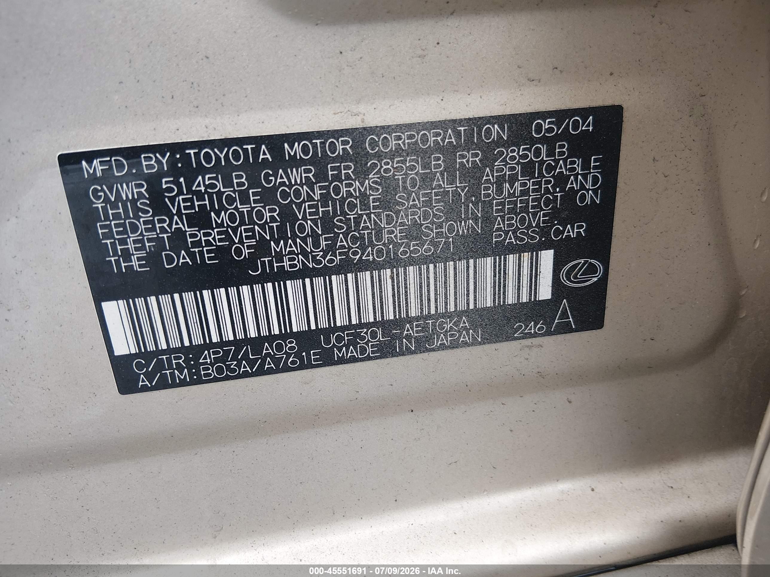 2004 Lexus Ls 430   Золотой vin: JTHBN36F940165671