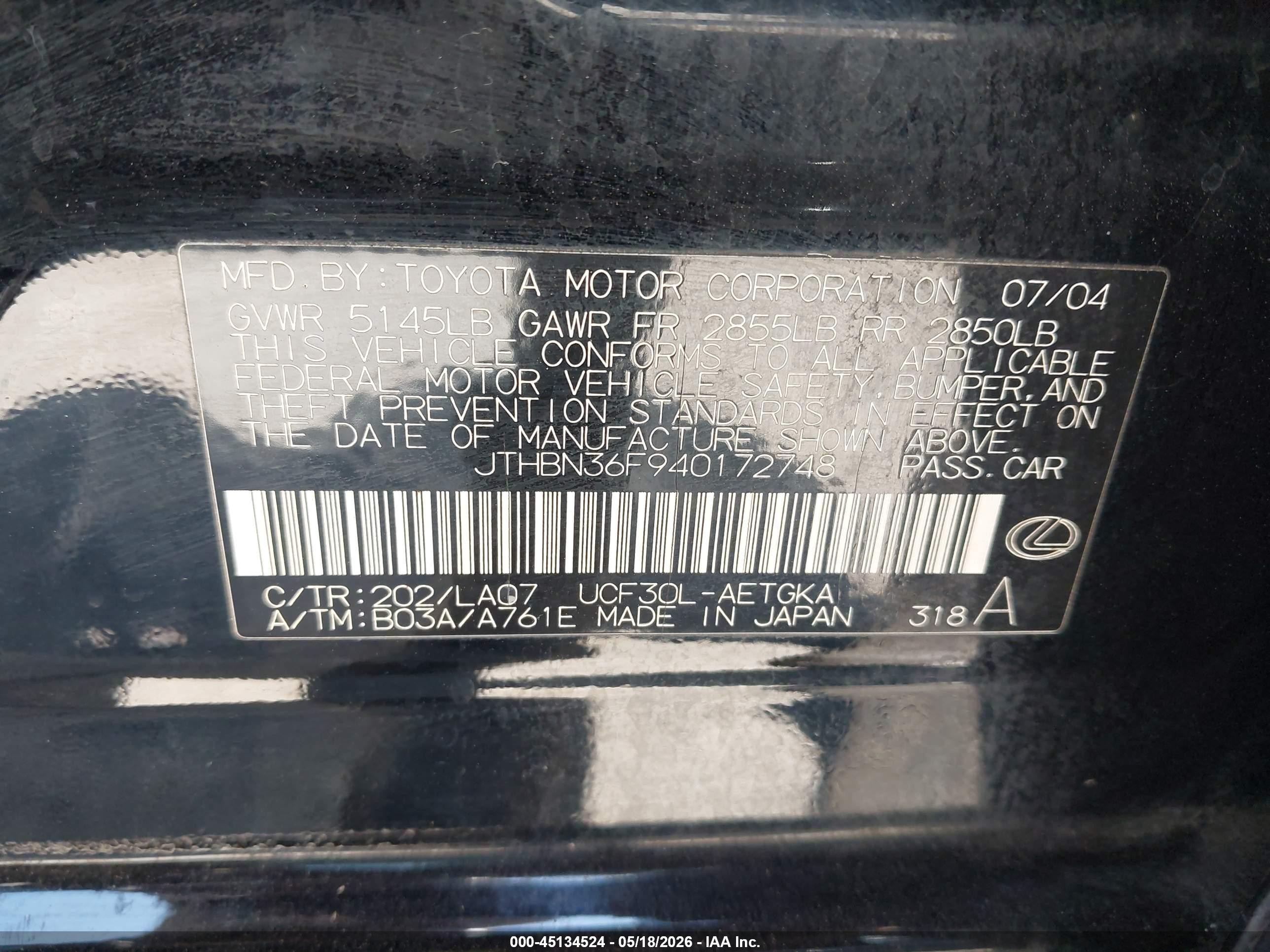 2004 Lexus Ls 430   Black vin: JTHBN36F940172748