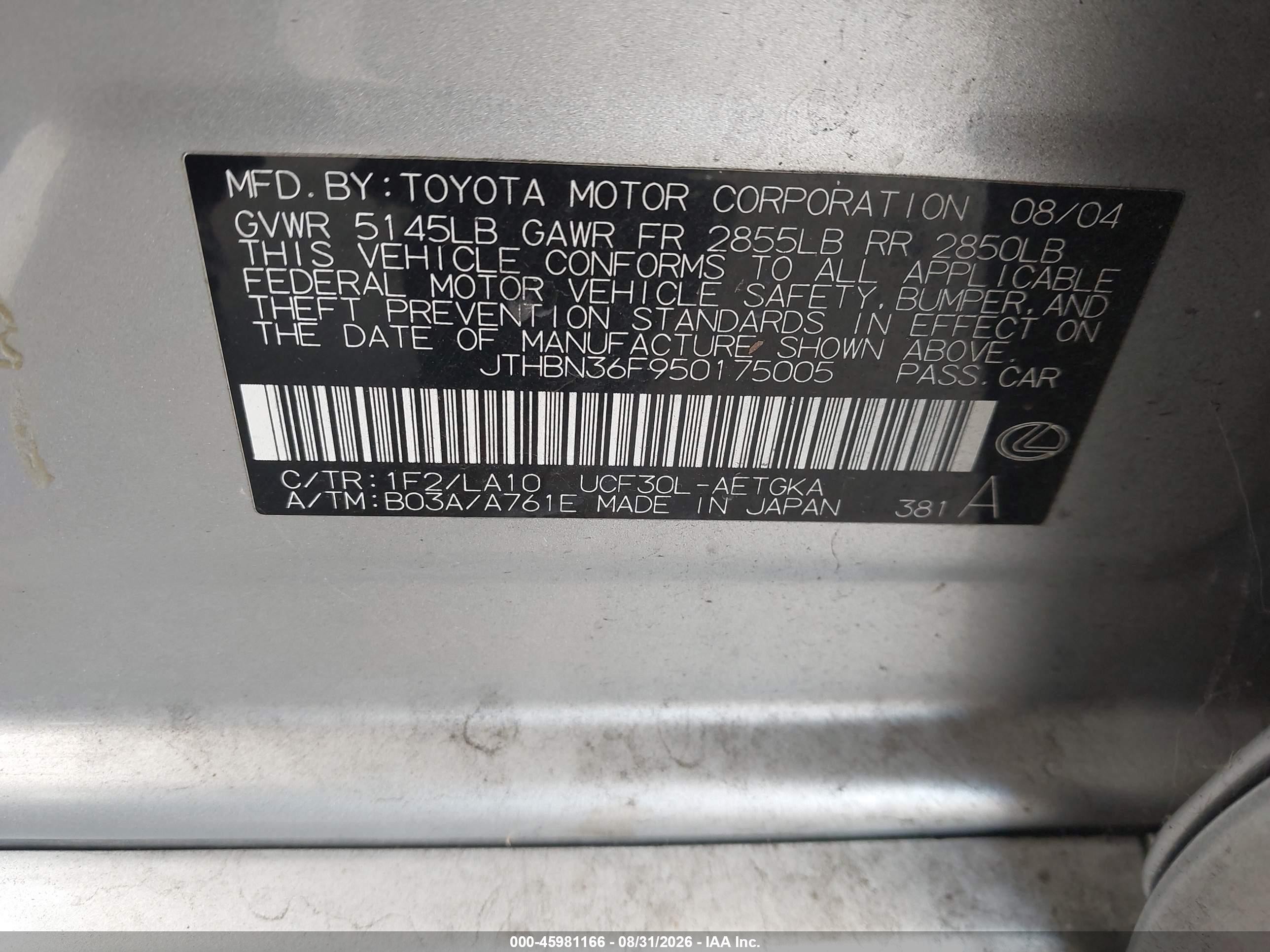 2005 Lexus Ls 430 Silver vin: JTHBN36F950175005
