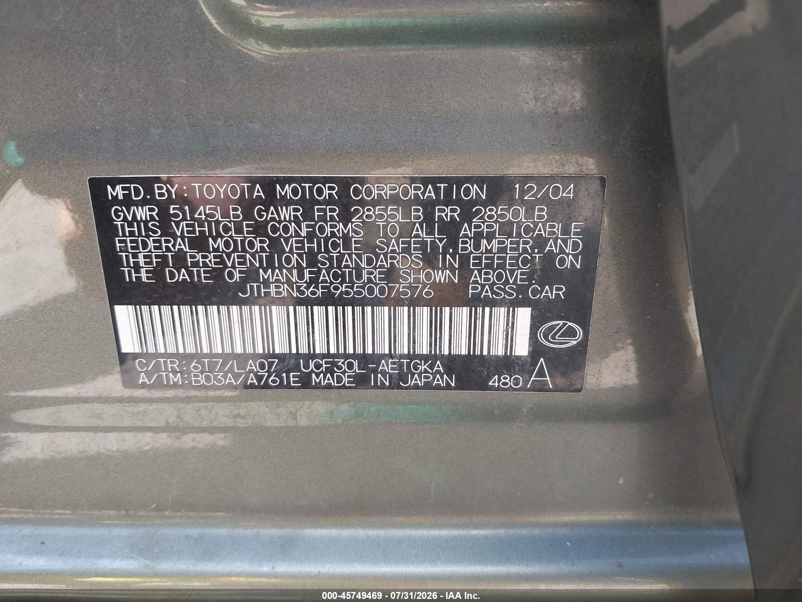 2005 Lexus Ls 430   Gray vin: JTHBN36F955007576