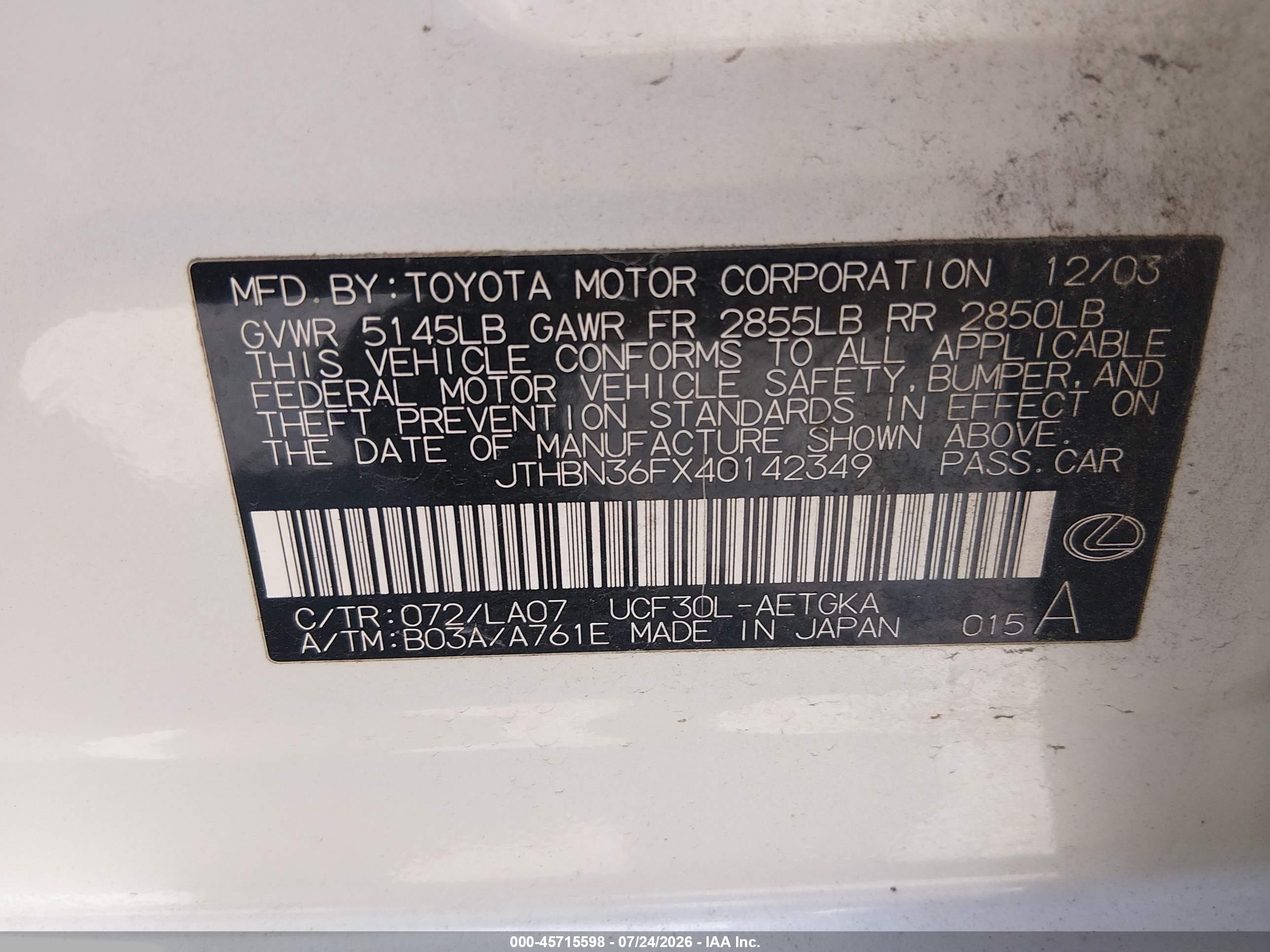 2004 Lexus Ls 430   White vin: JTHBN36FX40142349