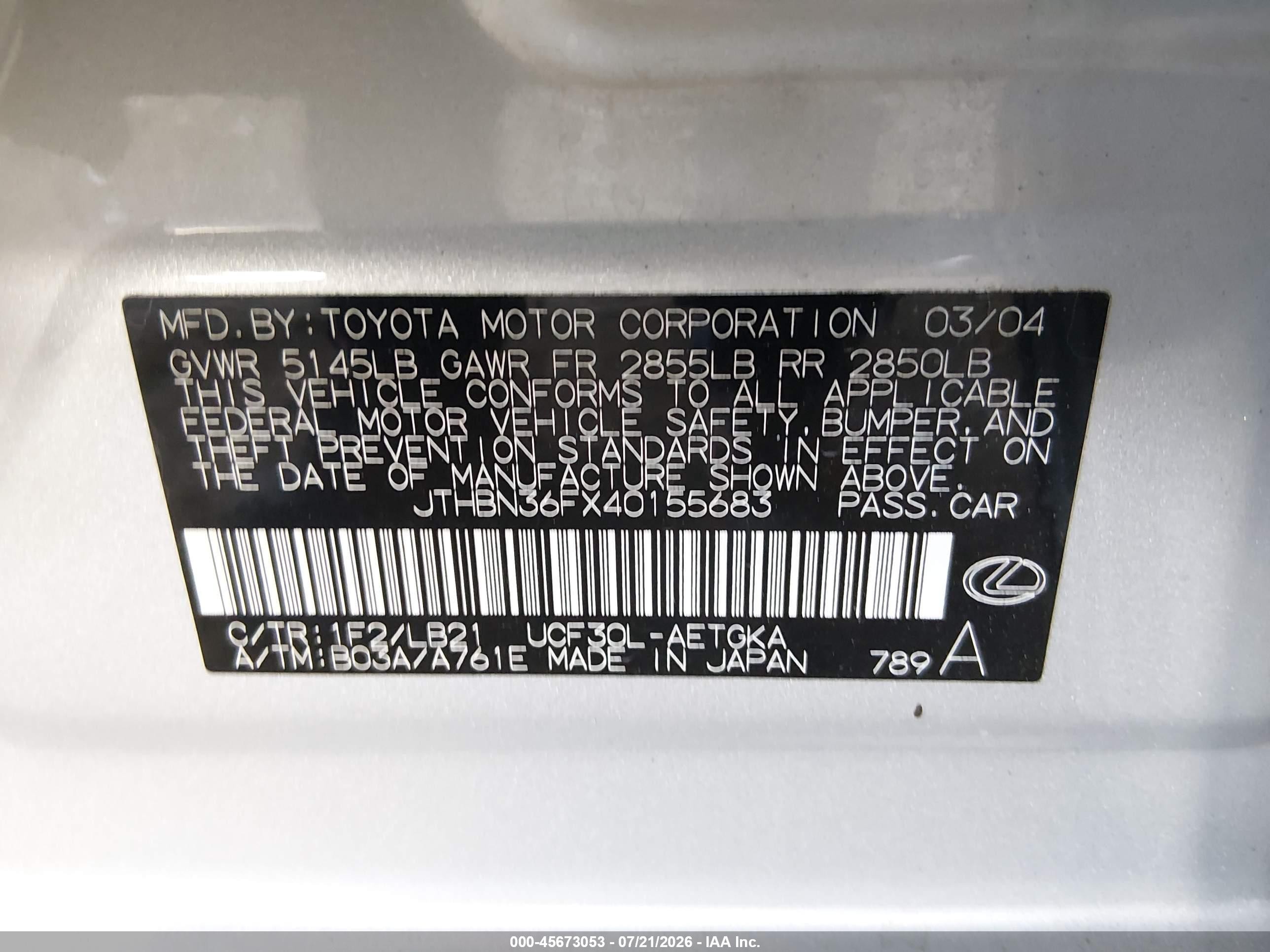 2004 Lexus Ls 430 Silver vin: JTHBN36FX40155683