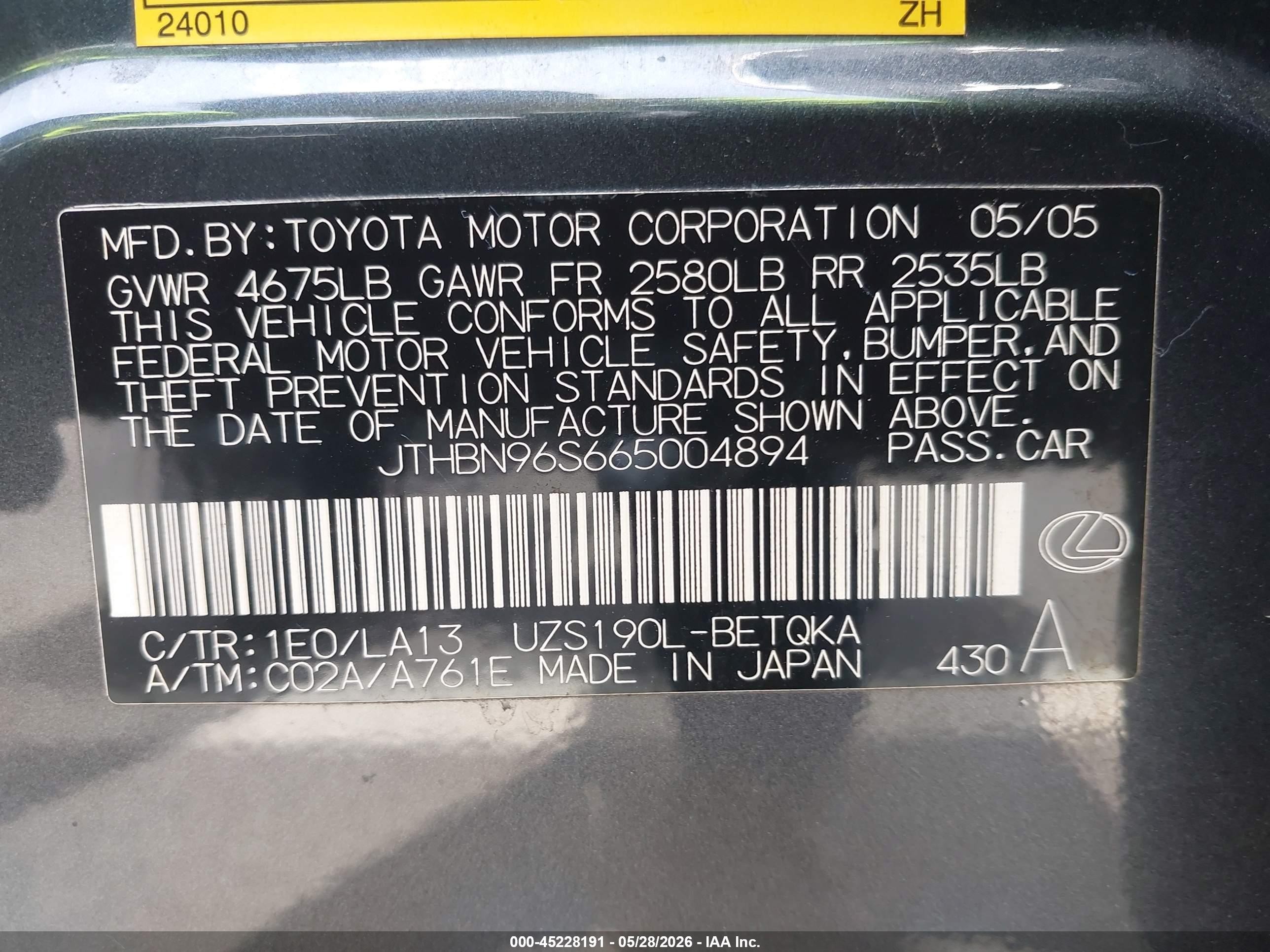2006 Lexus Gs 430   Black vin: JTHBN96S665004894