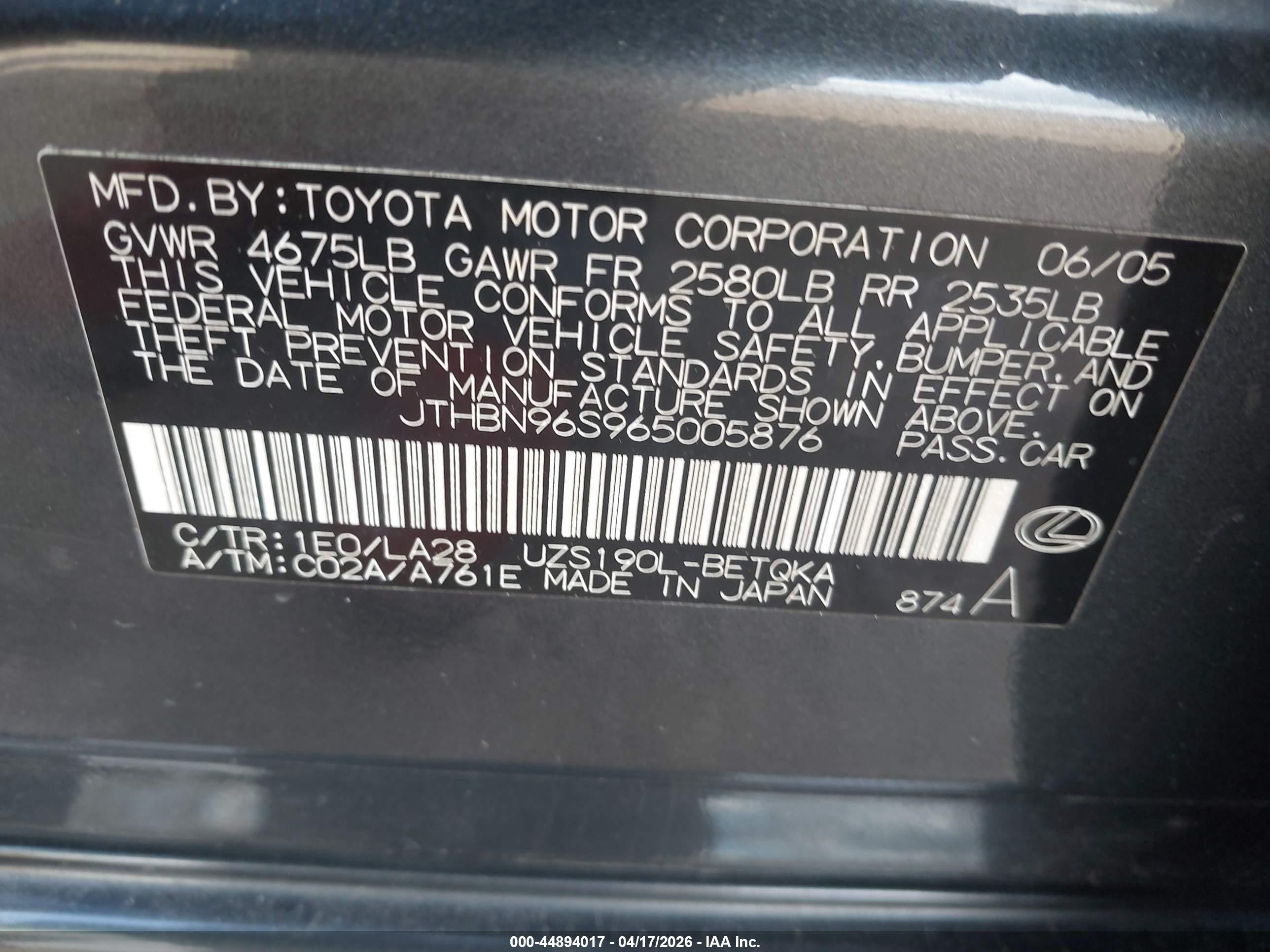 2006 Lexus Gs 430   Black vin: JTHBN96S965005876