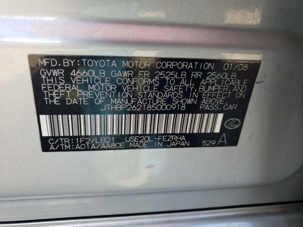 2008 Lexus Is-f Silver vin: JTHBP262185000918