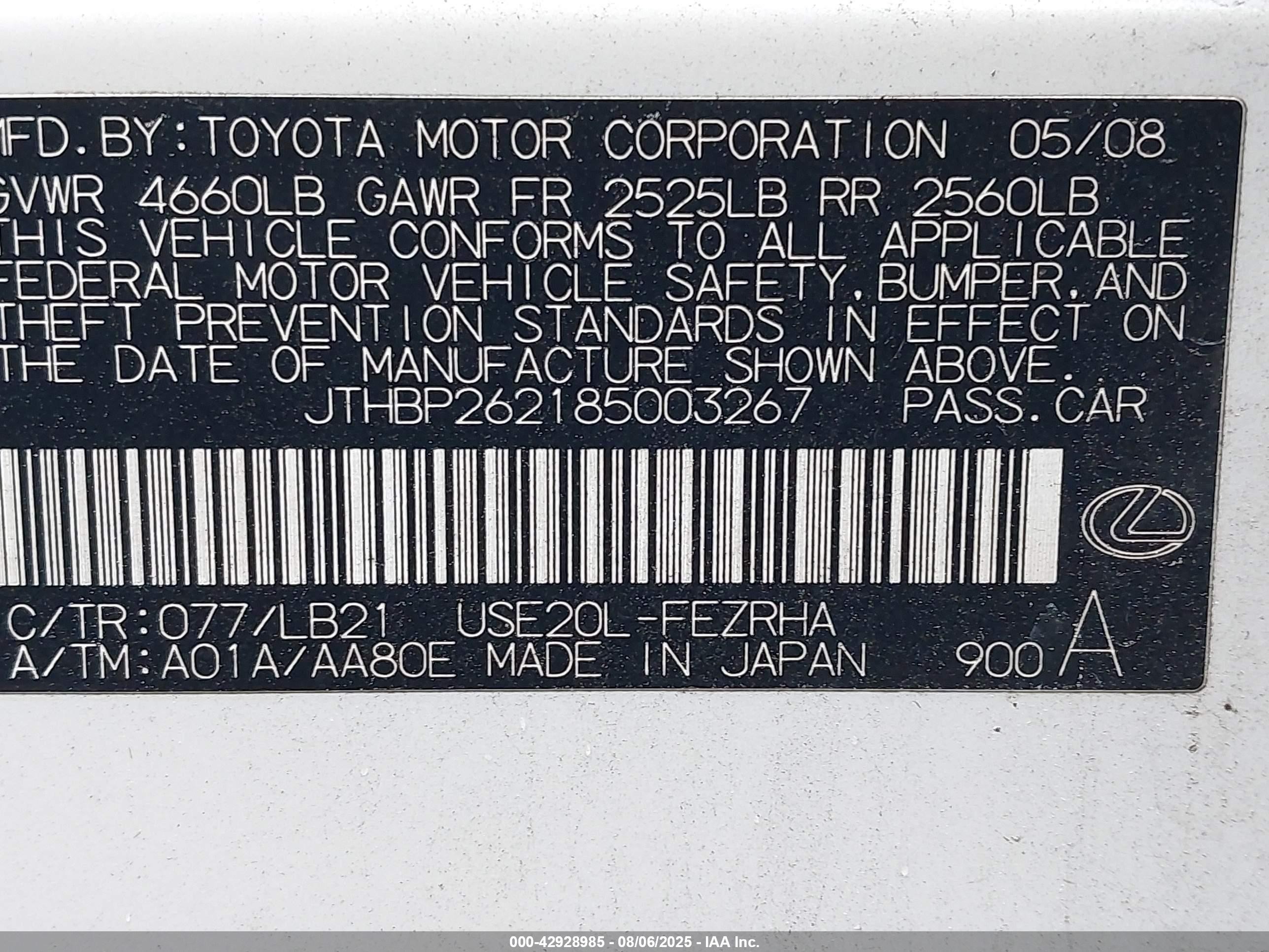 2008 Lexus Is F   White vin: JTHBP262185003267