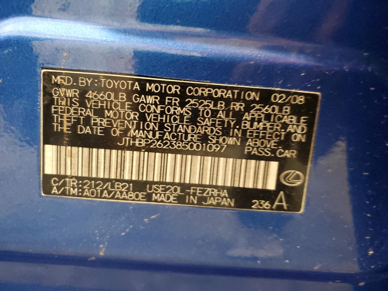 2008 Lexus Is-f Blue vin: JTHBP262385001097
