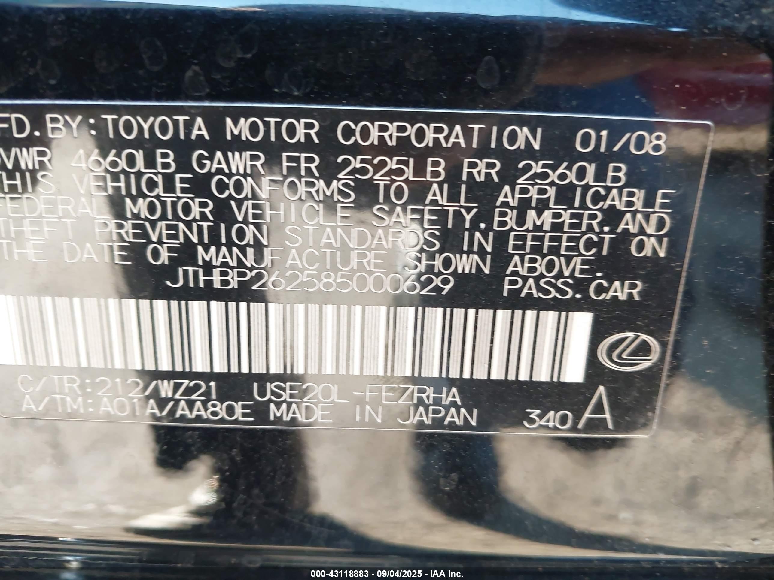2008 Lexus Is F   Black vin: JTHBP262585000629