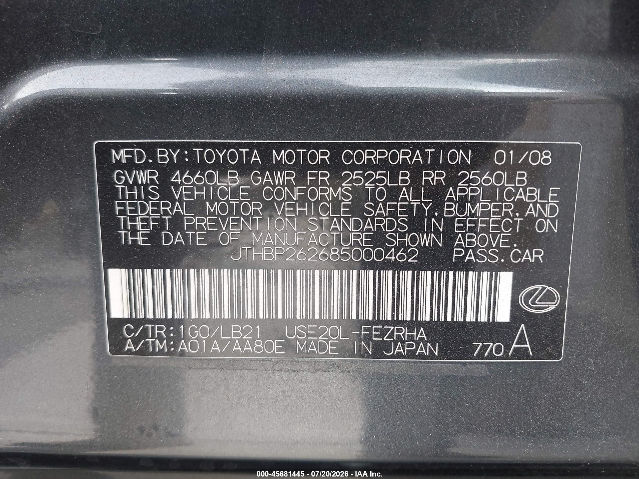 2008 Lexus Is F   Gray vin: JTHBP262685000462