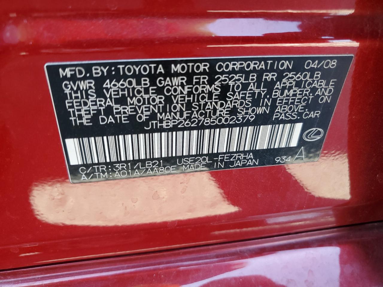 2008 Lexus Is-f Red vin: JTHBP262785002379