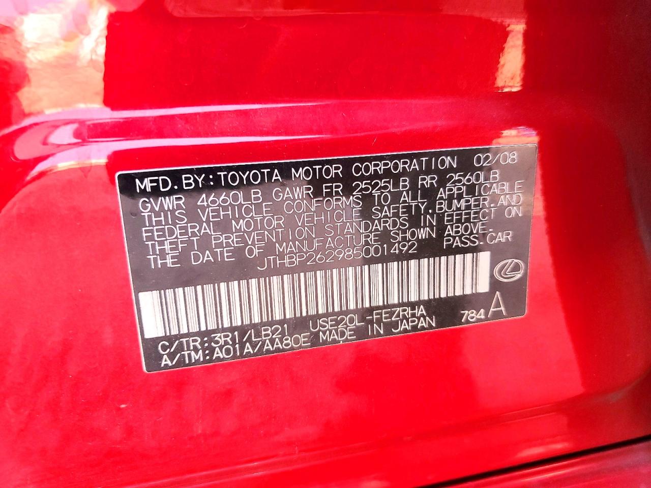 2008 Lexus Is-f Red vin: JTHBP262985001492