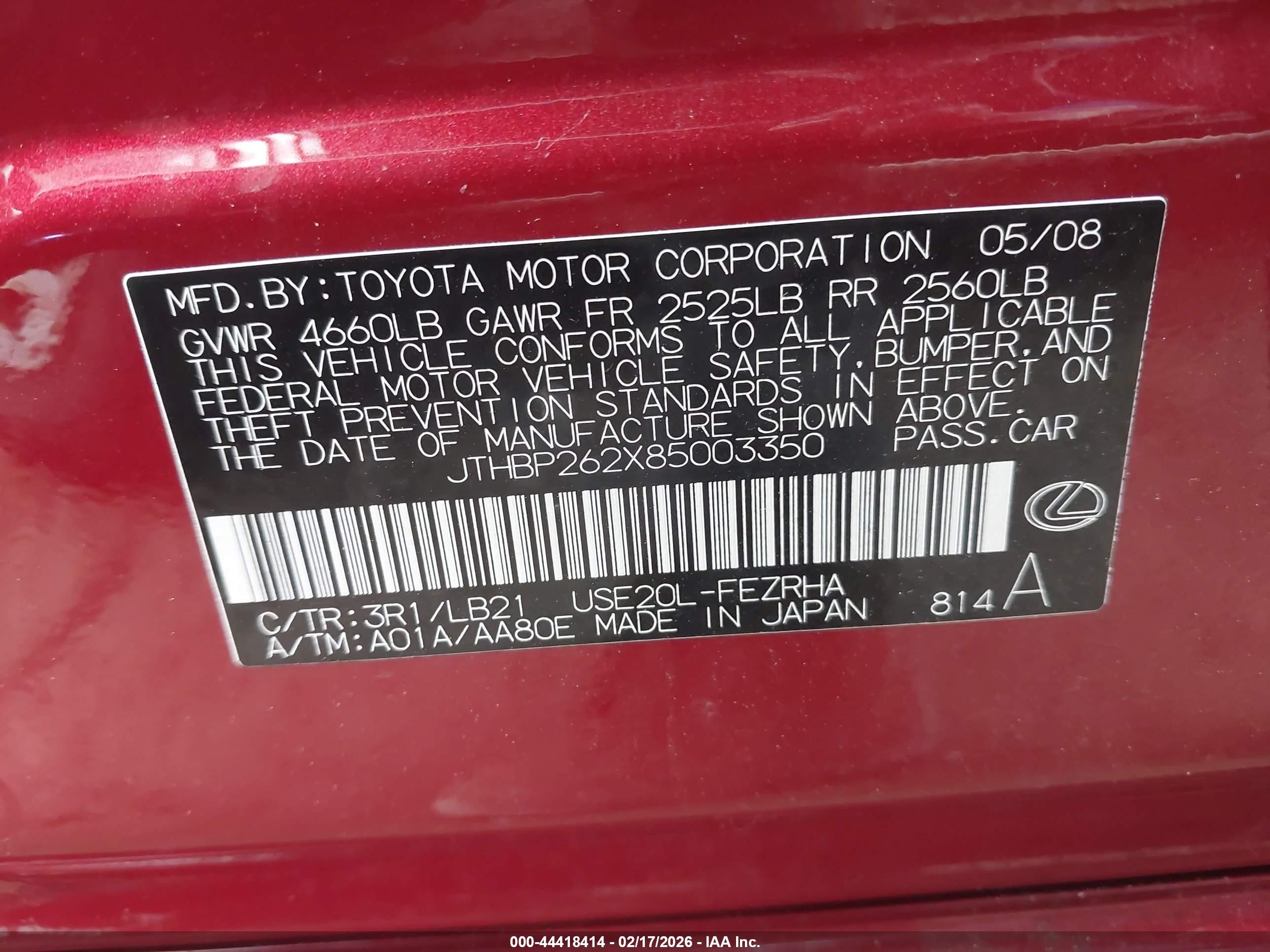 2008 Lexus Is F   Red vin: JTHBP262X85003350