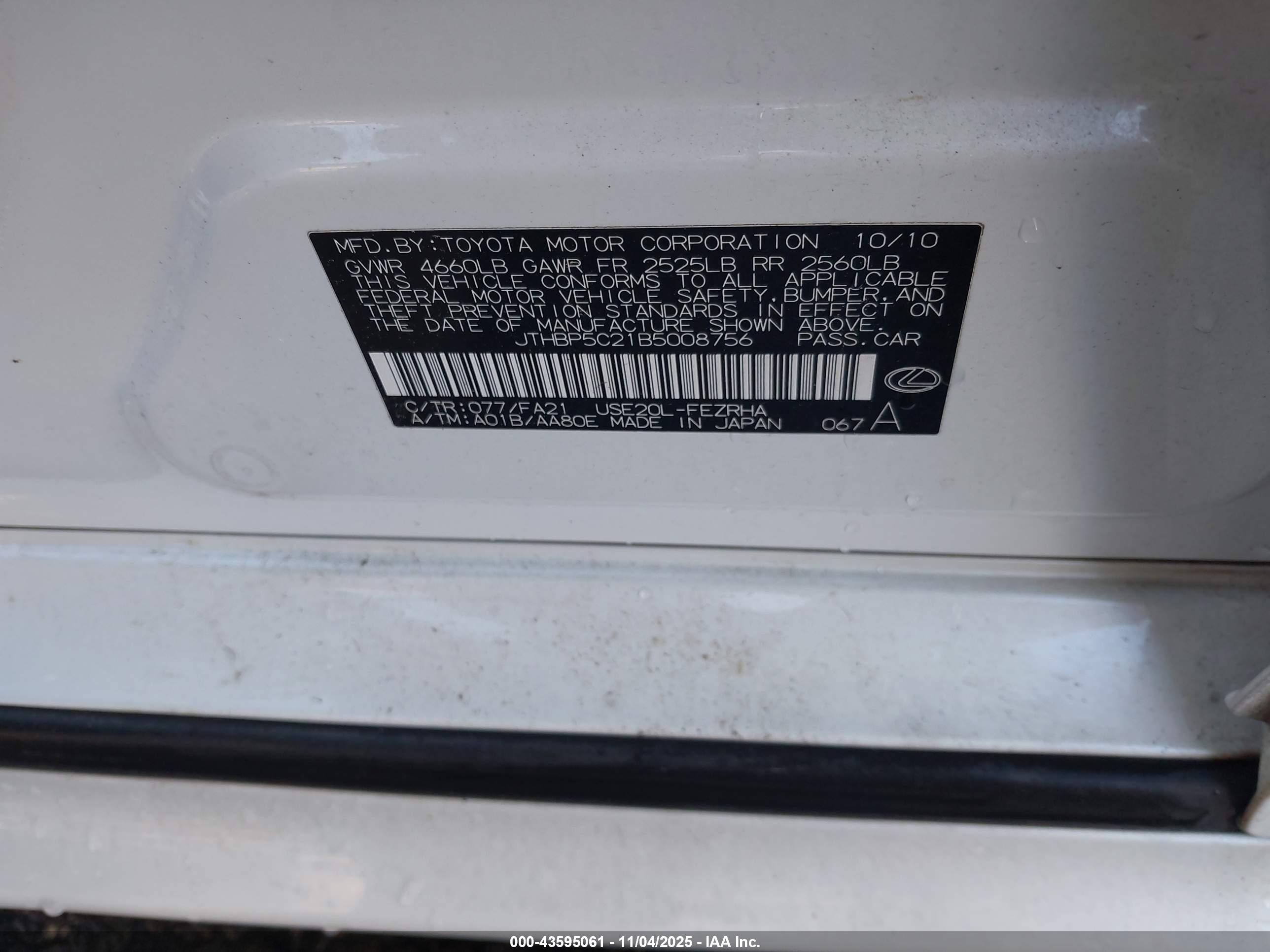 2011 Lexus Is F   White vin: JTHBP5C21B5008756