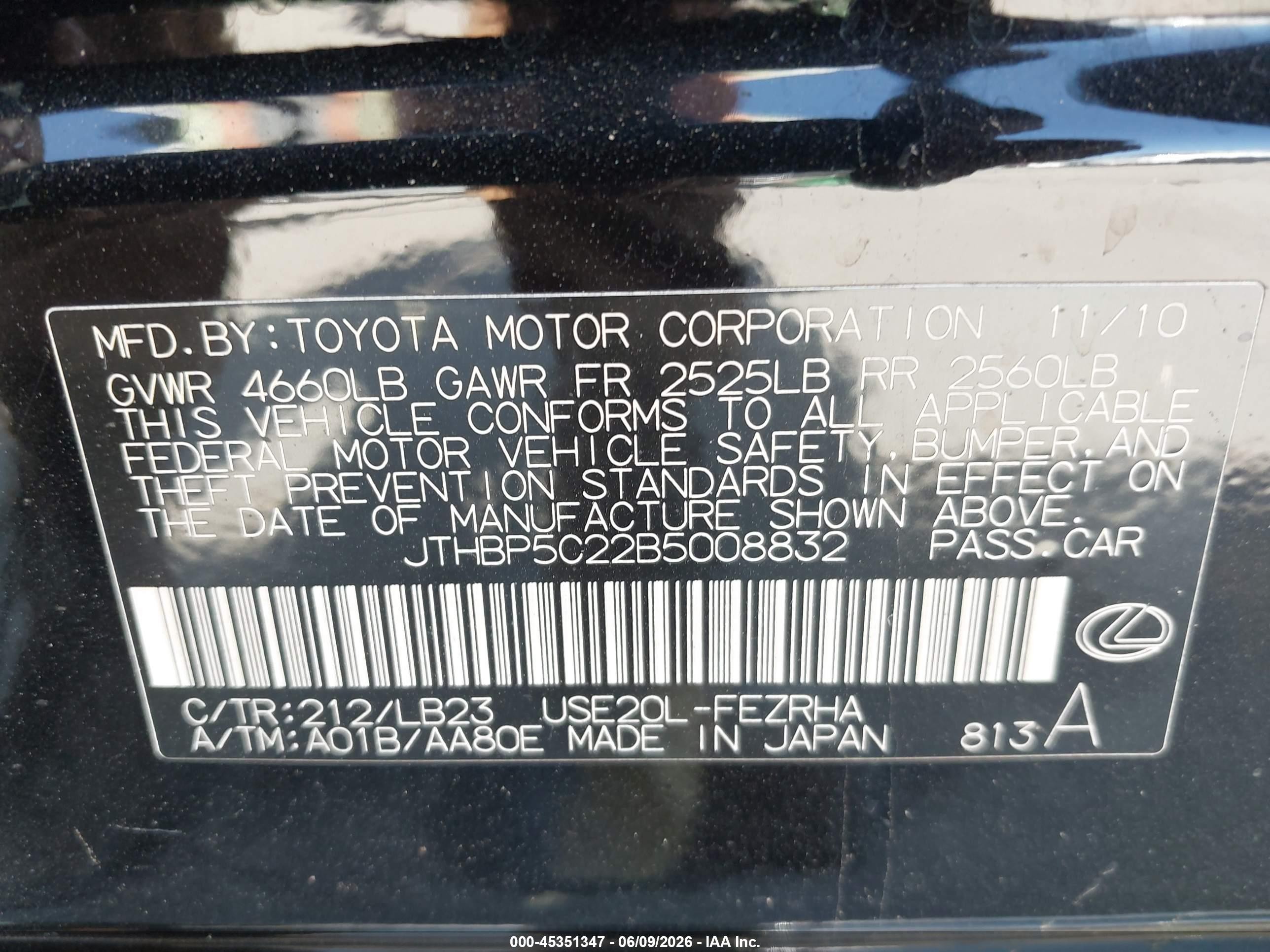 2011 Lexus Is F Black vin: JTHBP5C22B5008832