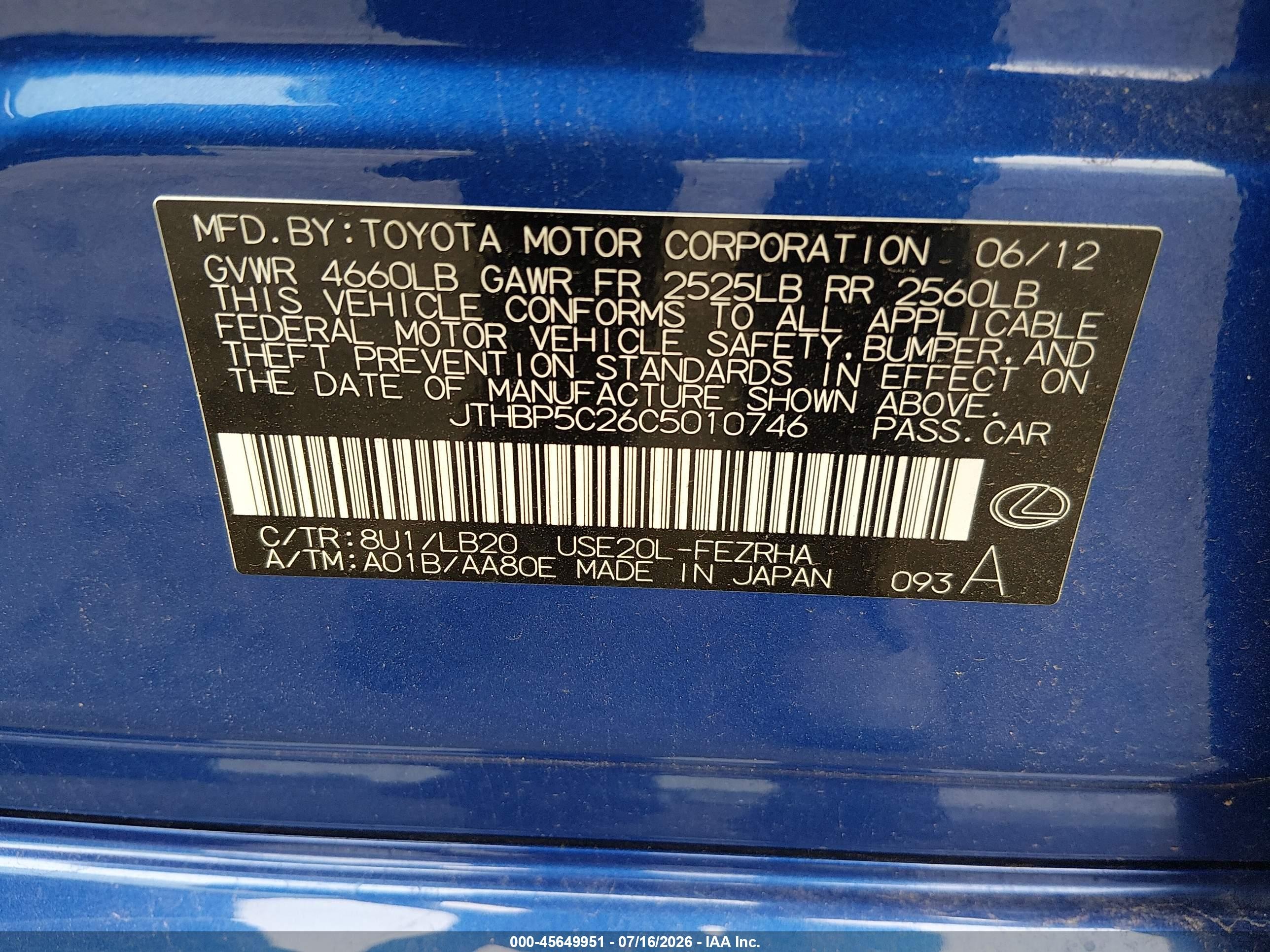 2012 Lexus Is F Blue vin: JTHBP5C26C5010746
