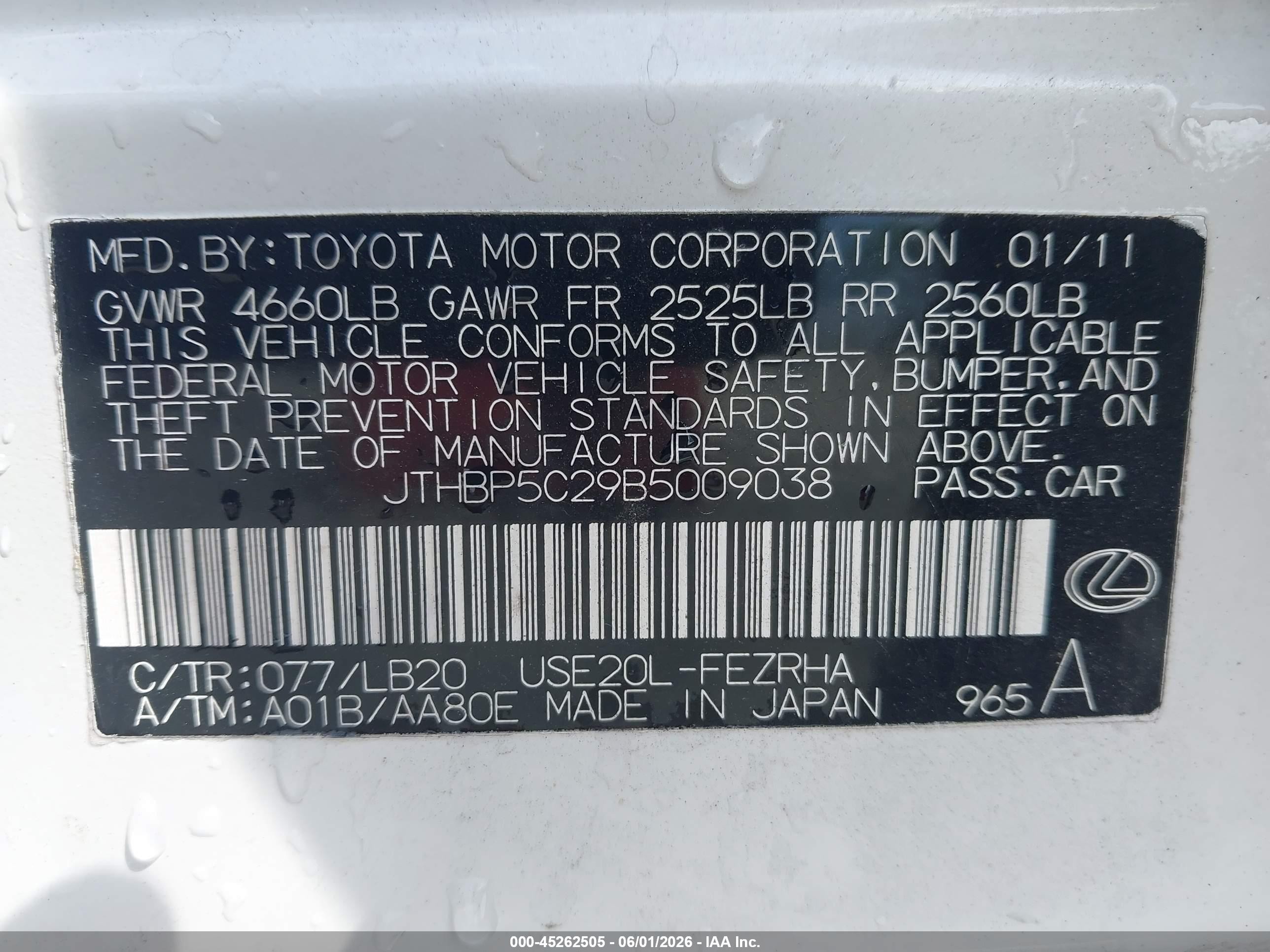 2011 Lexus Is F   White vin: JTHBP5C29B5009038
