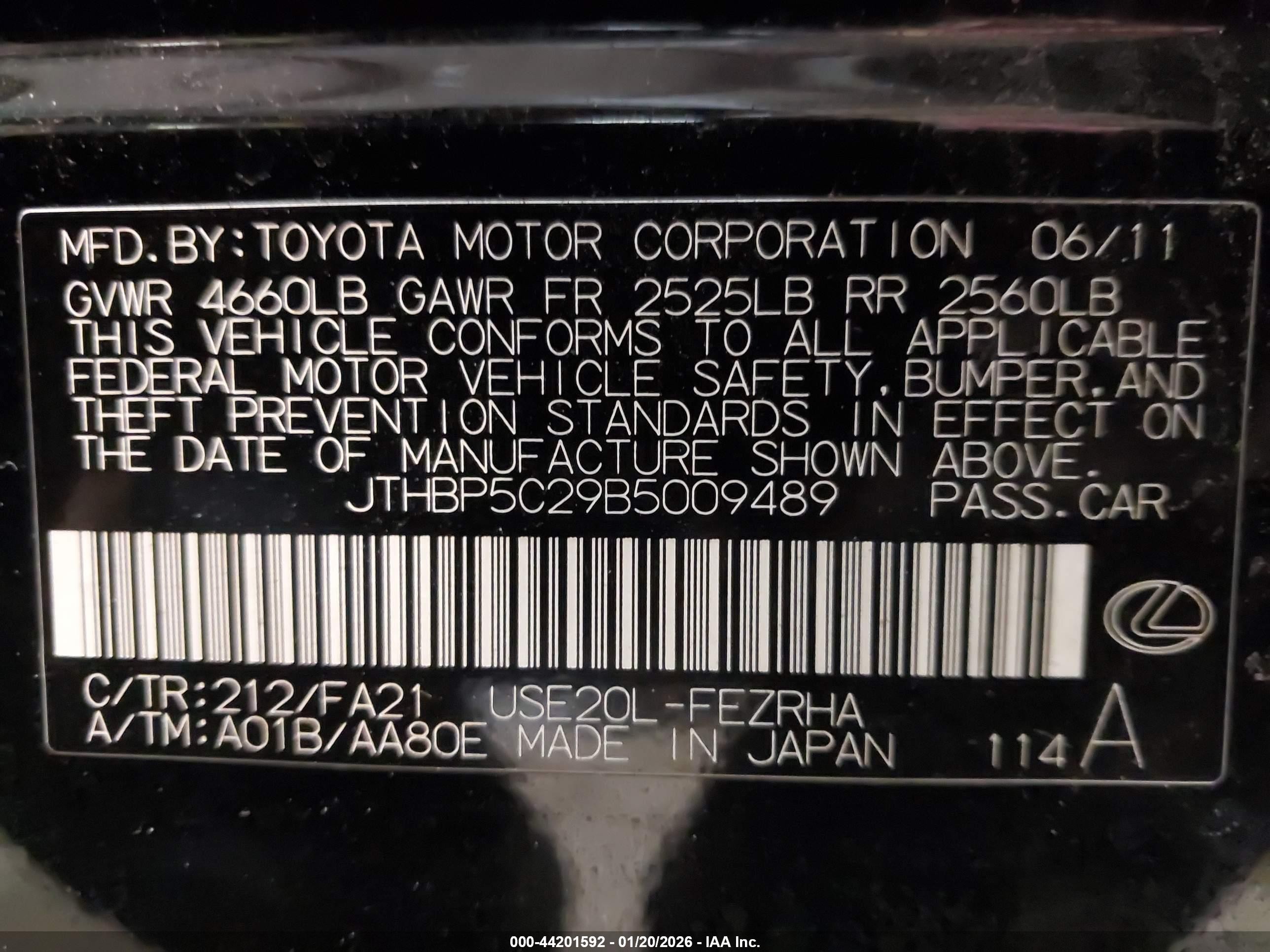 2011 Lexus Is F   Black vin: JTHBP5C29B5009489