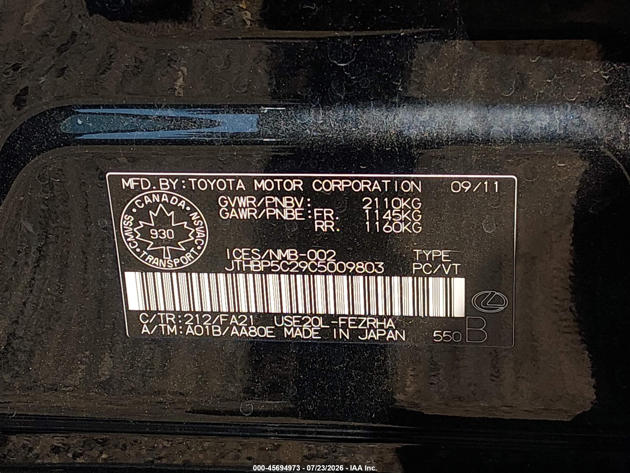 2012 Lexus Is F   Black vin: JTHBP5C29C5009803