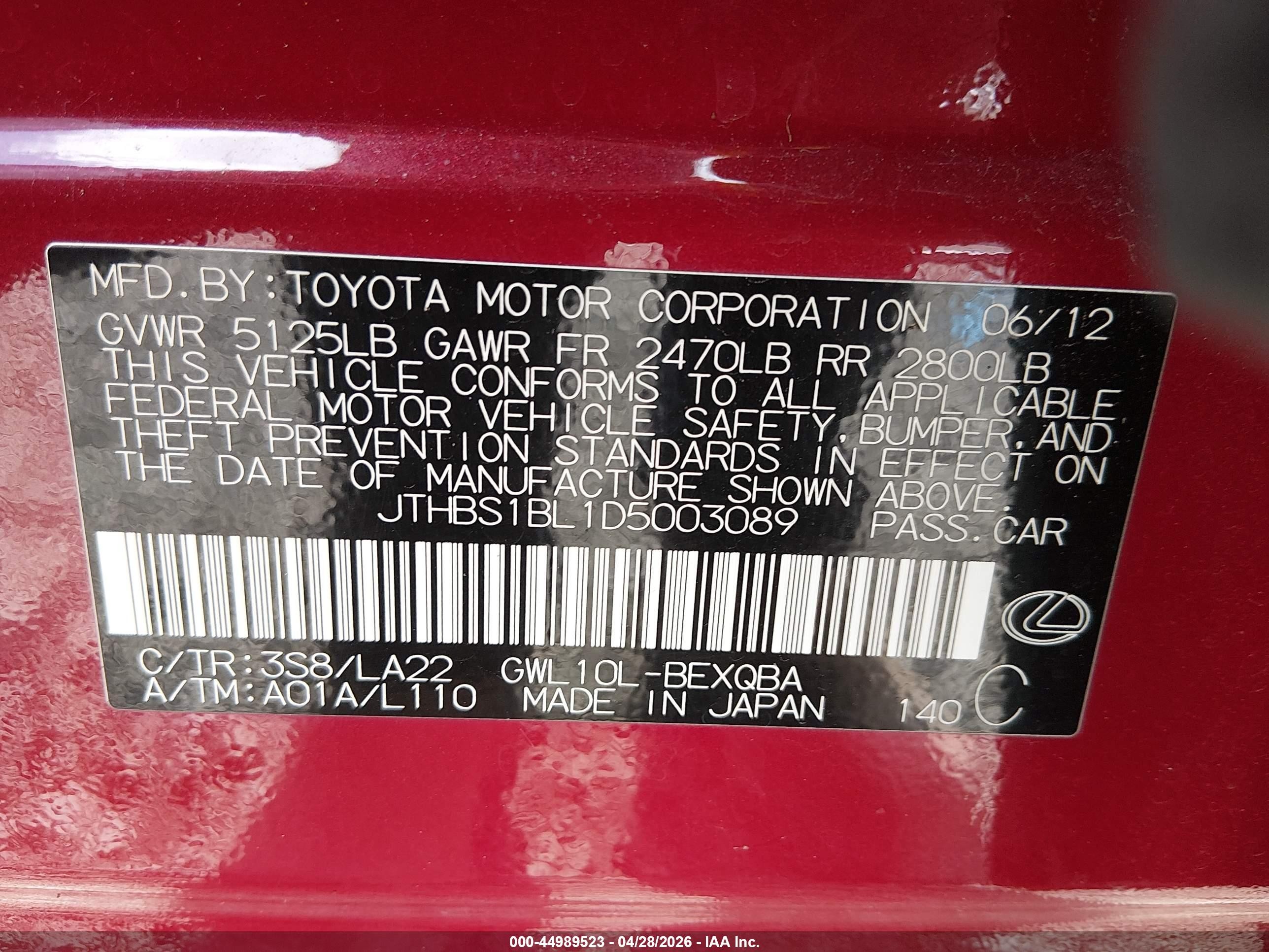 2013 Lexus Gs 450h   Red vin: JTHBS1BL1D5003089