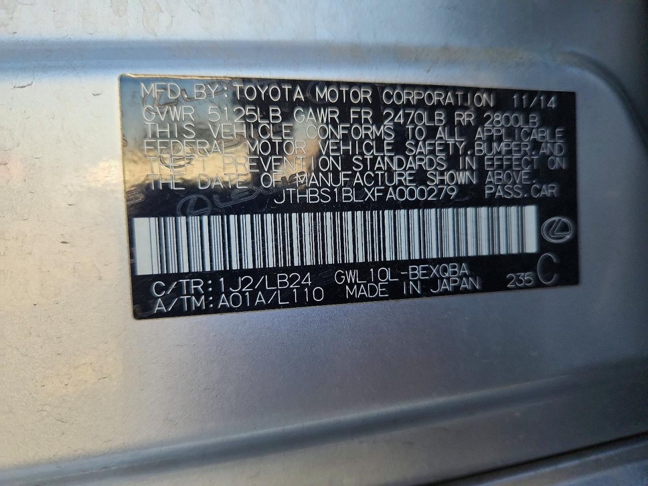 2015 Lexus Gs 450h Silver vin: JTHBS1BLXFA000279