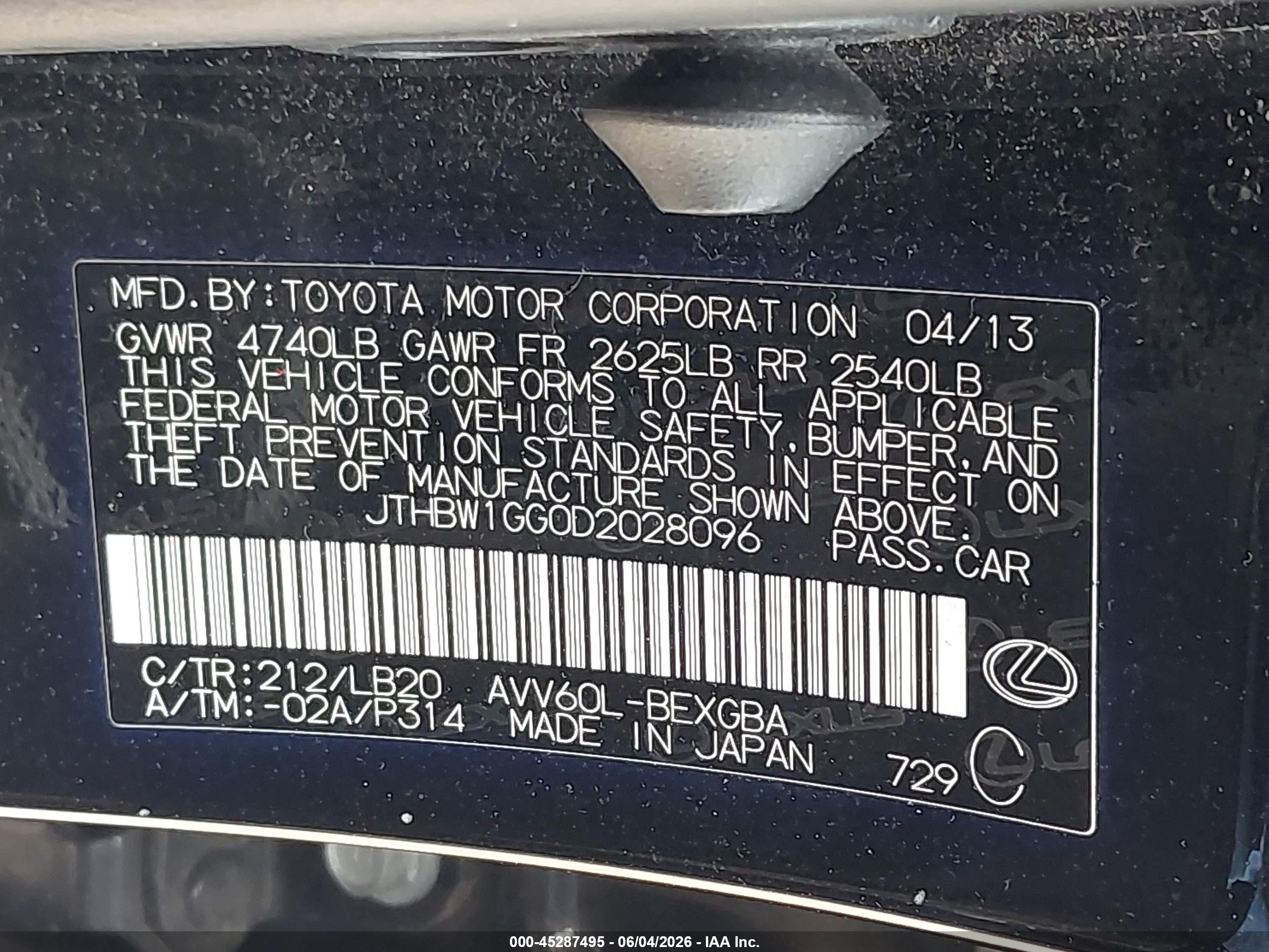 2013 Lexus Es 300h   Black vin: JTHBW1GG0D2028096