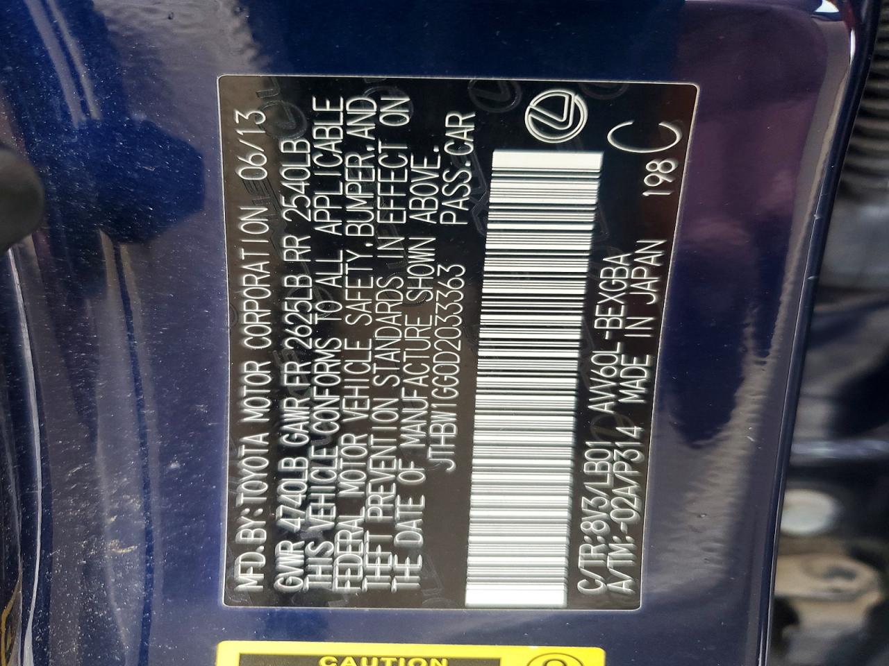 2013 Lexus Es 300h Blue vin: JTHBW1GG0D2033363