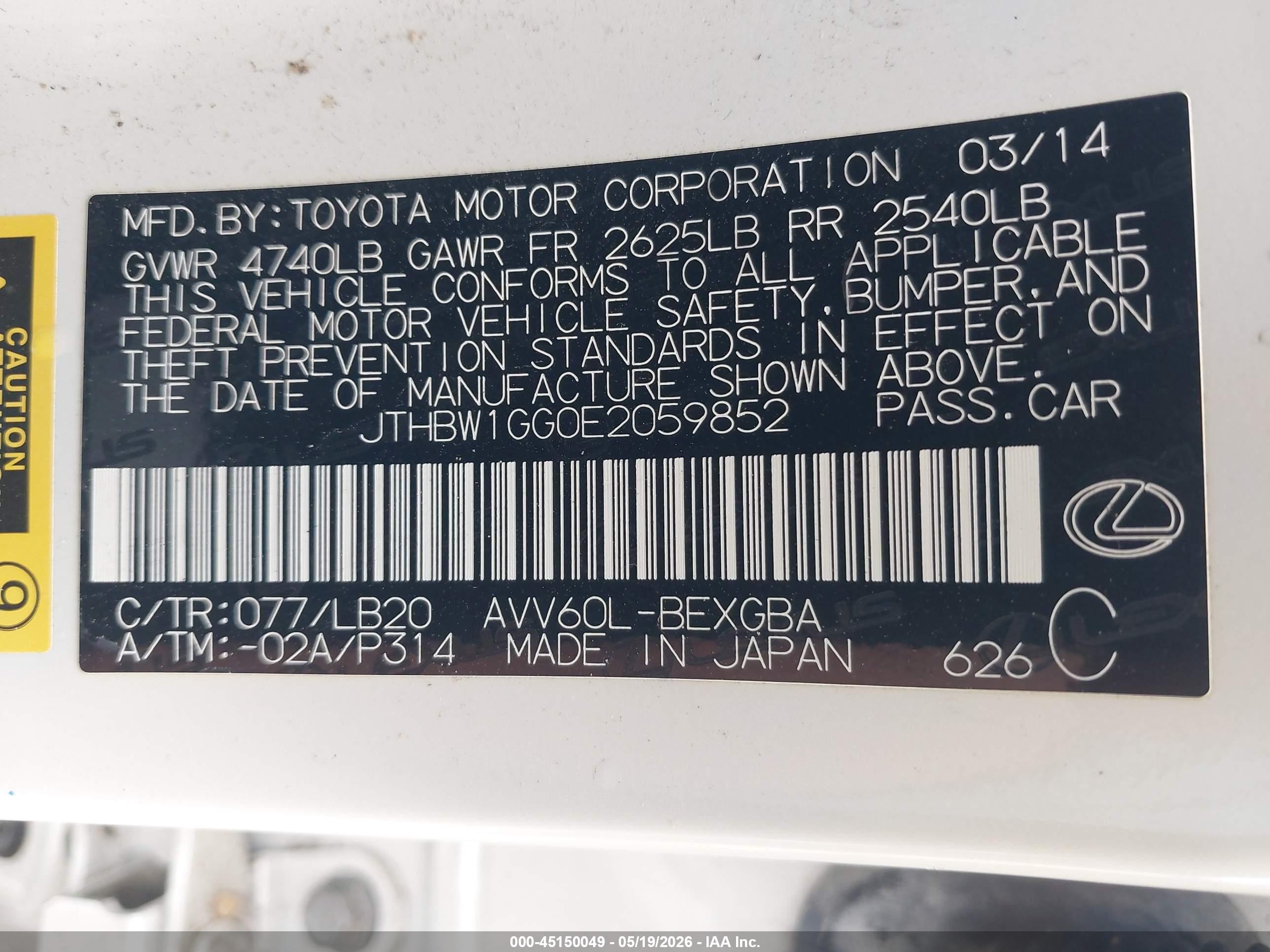 2014 Lexus Es 300h White vin: JTHBW1GG0E2059852