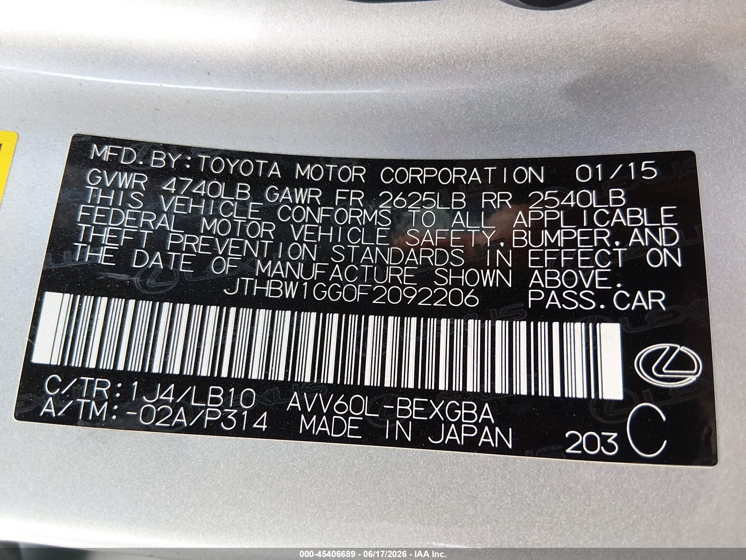 2015 Lexus Es 300h   Silver vin: JTHBW1GG0F2092206