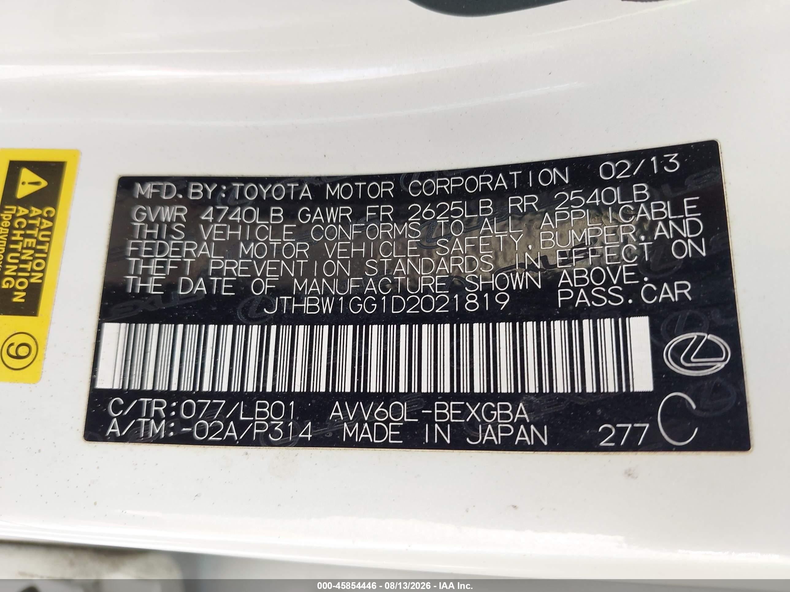 2013 Lexus Es 300h White vin: JTHBW1GG1D2021819