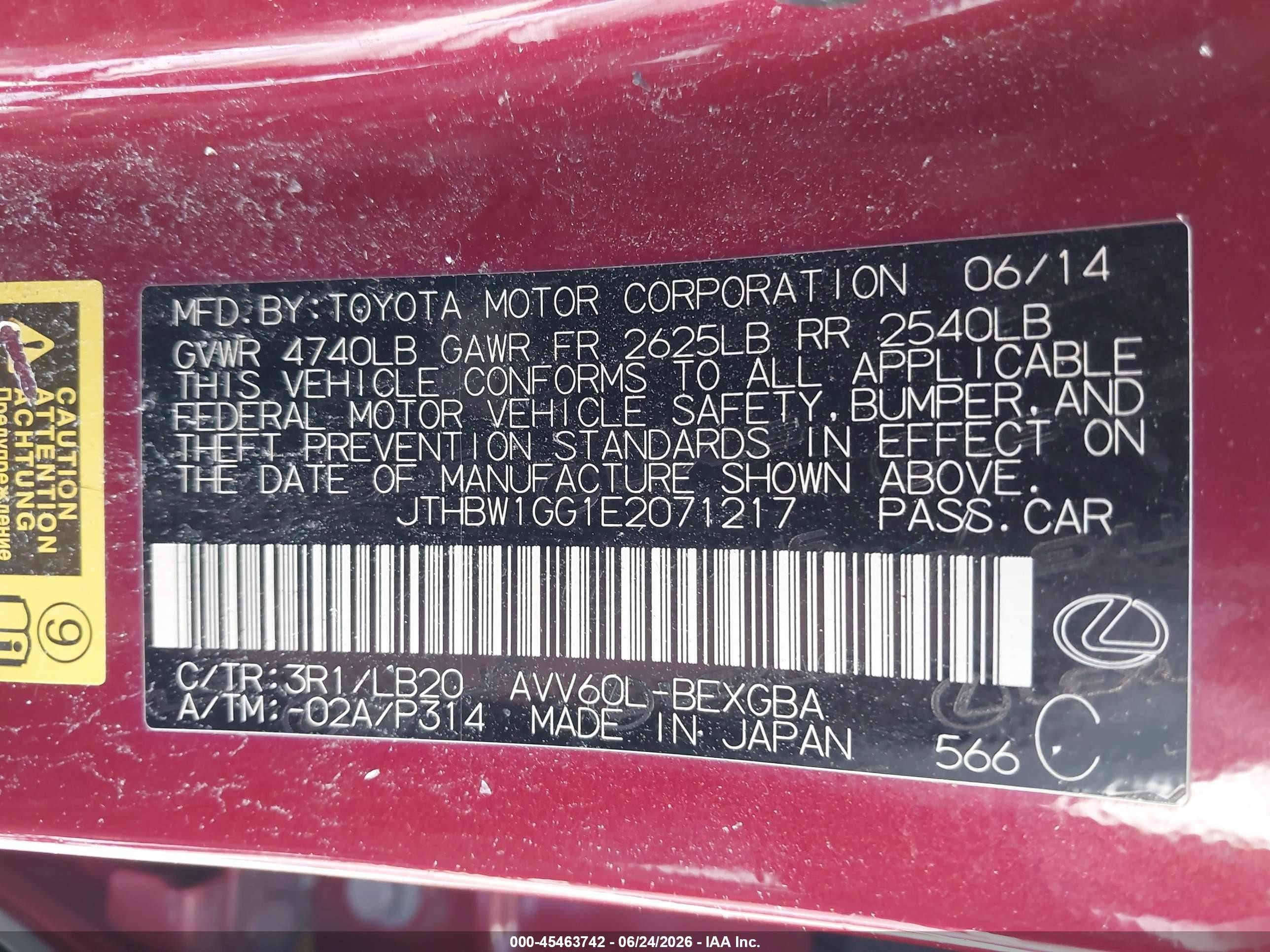 2014 Lexus Es 300h Red vin: JTHBW1GG1E2071217