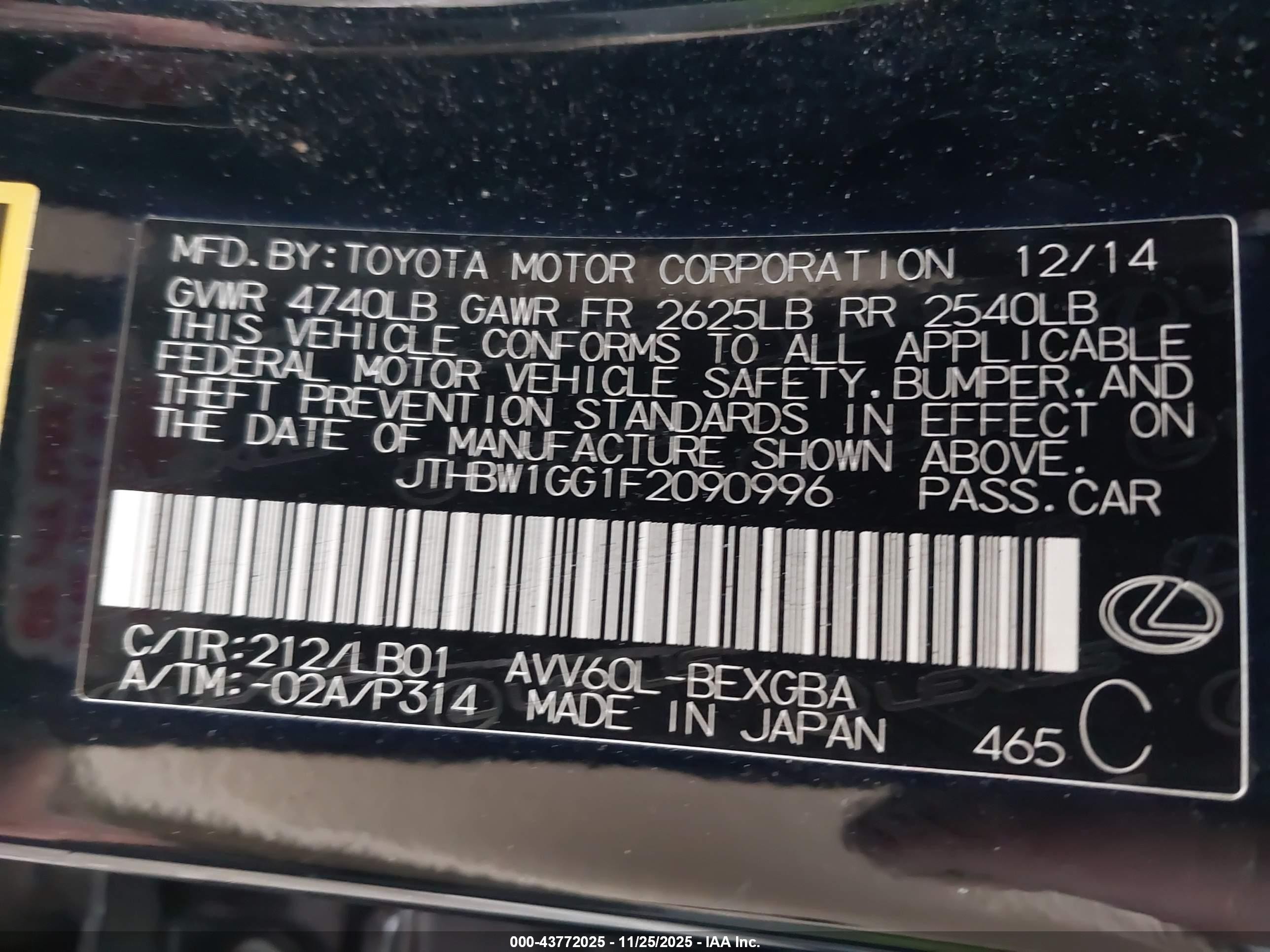 2015 Lexus Es 300h   Black vin: JTHBW1GG1F2090996