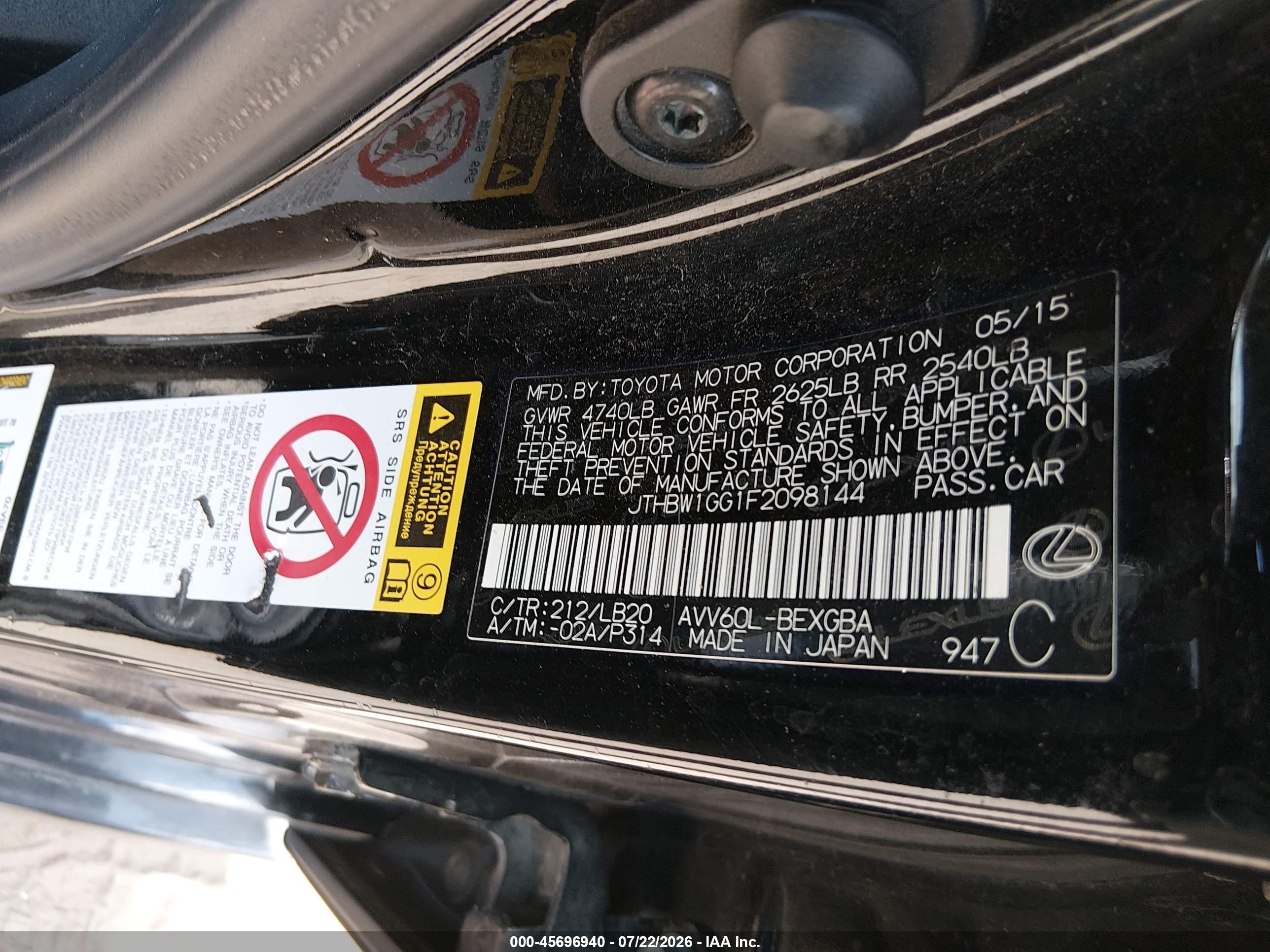 2015 Lexus Es 300h   Black vin: JTHBW1GG1F2098144