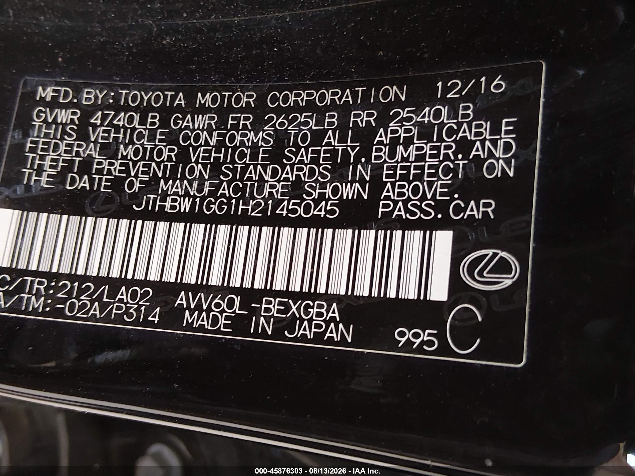 2017 Lexus Es 300h   Black vin: JTHBW1GG1H2145045