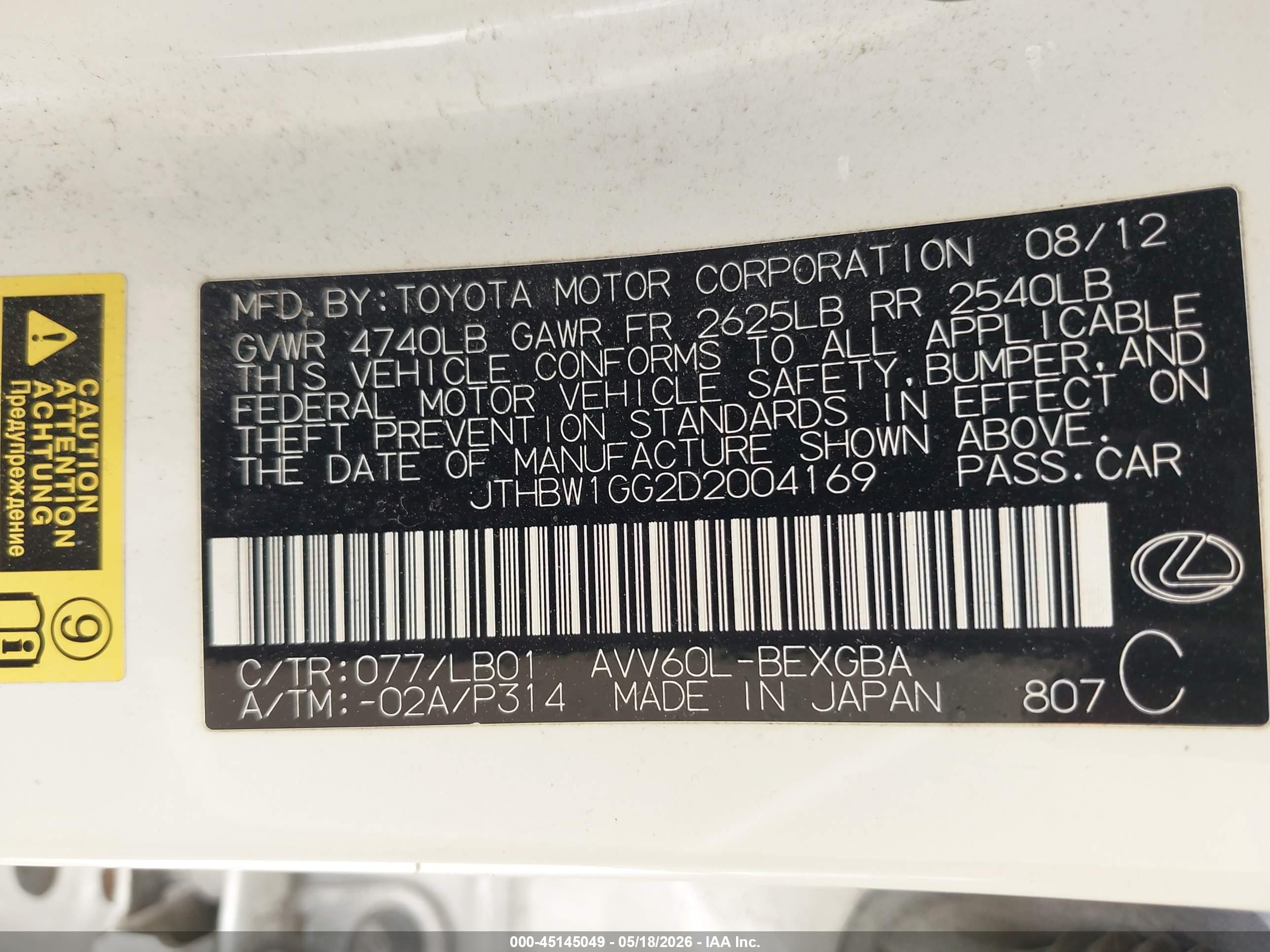 2013 Lexus Es 300h   White vin: JTHBW1GG2D2004169