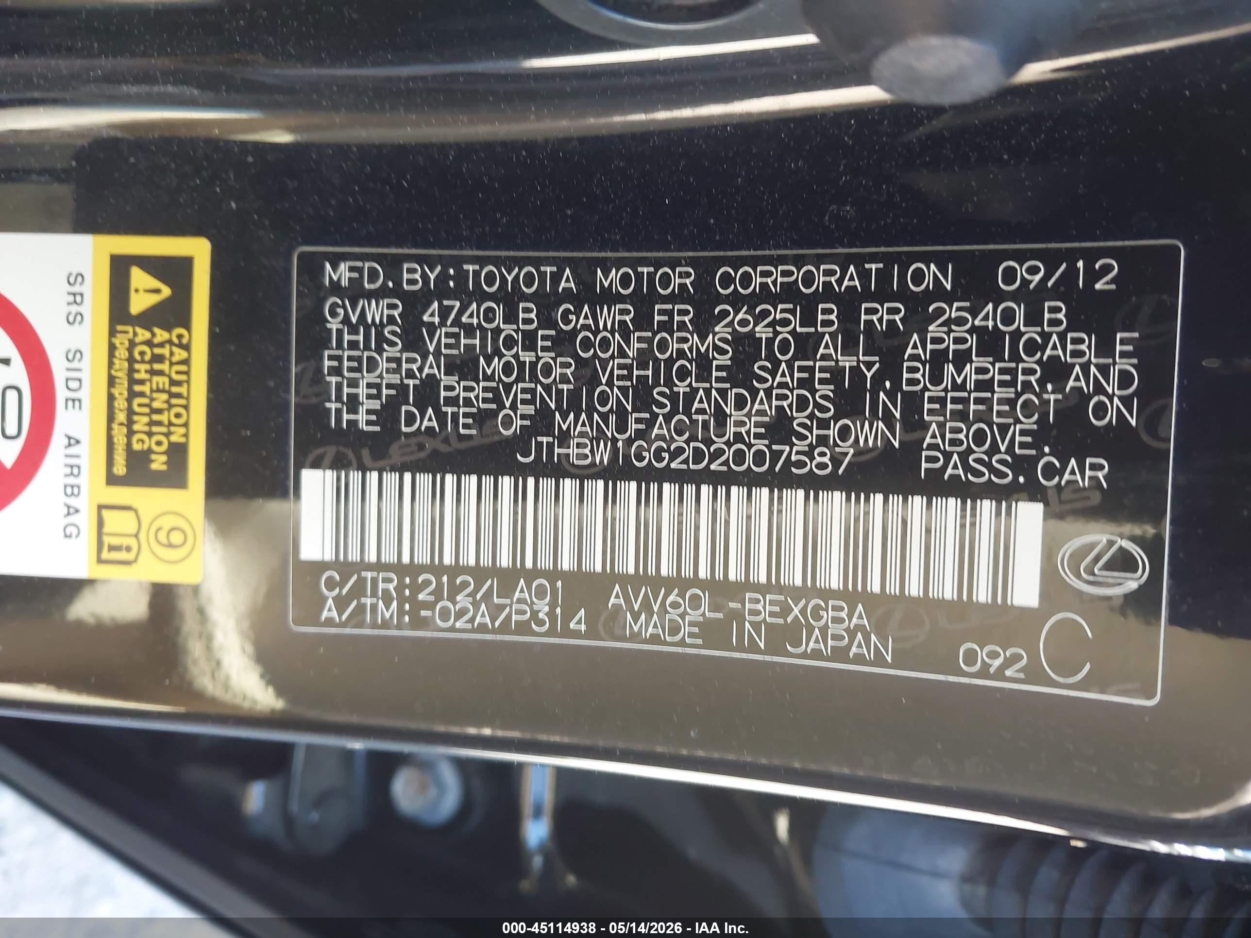 2013 Lexus Es 300h Black vin: JTHBW1GG2D2007587