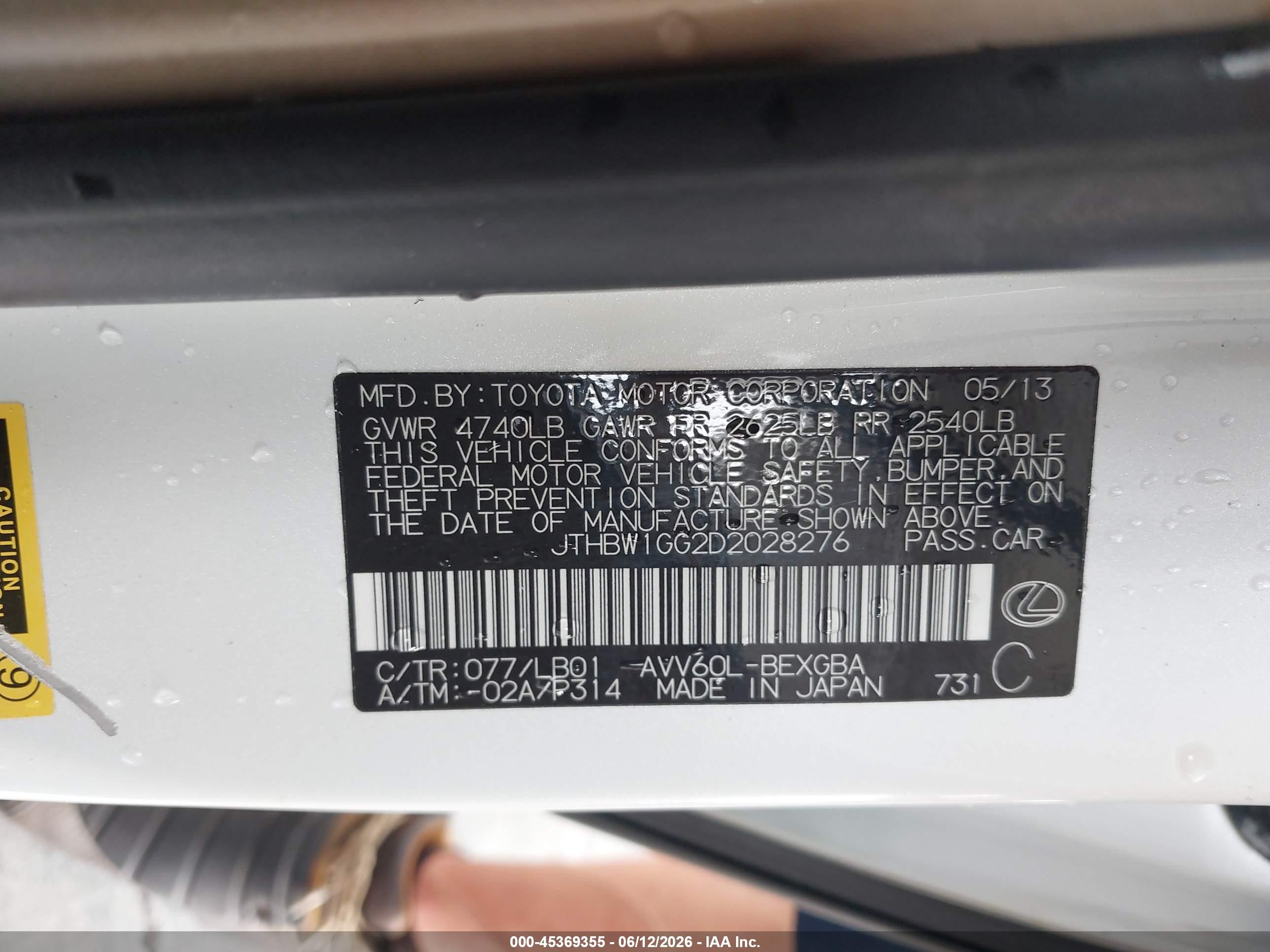 2013 Lexus Es 300h   White vin: JTHBW1GG2D2028276
