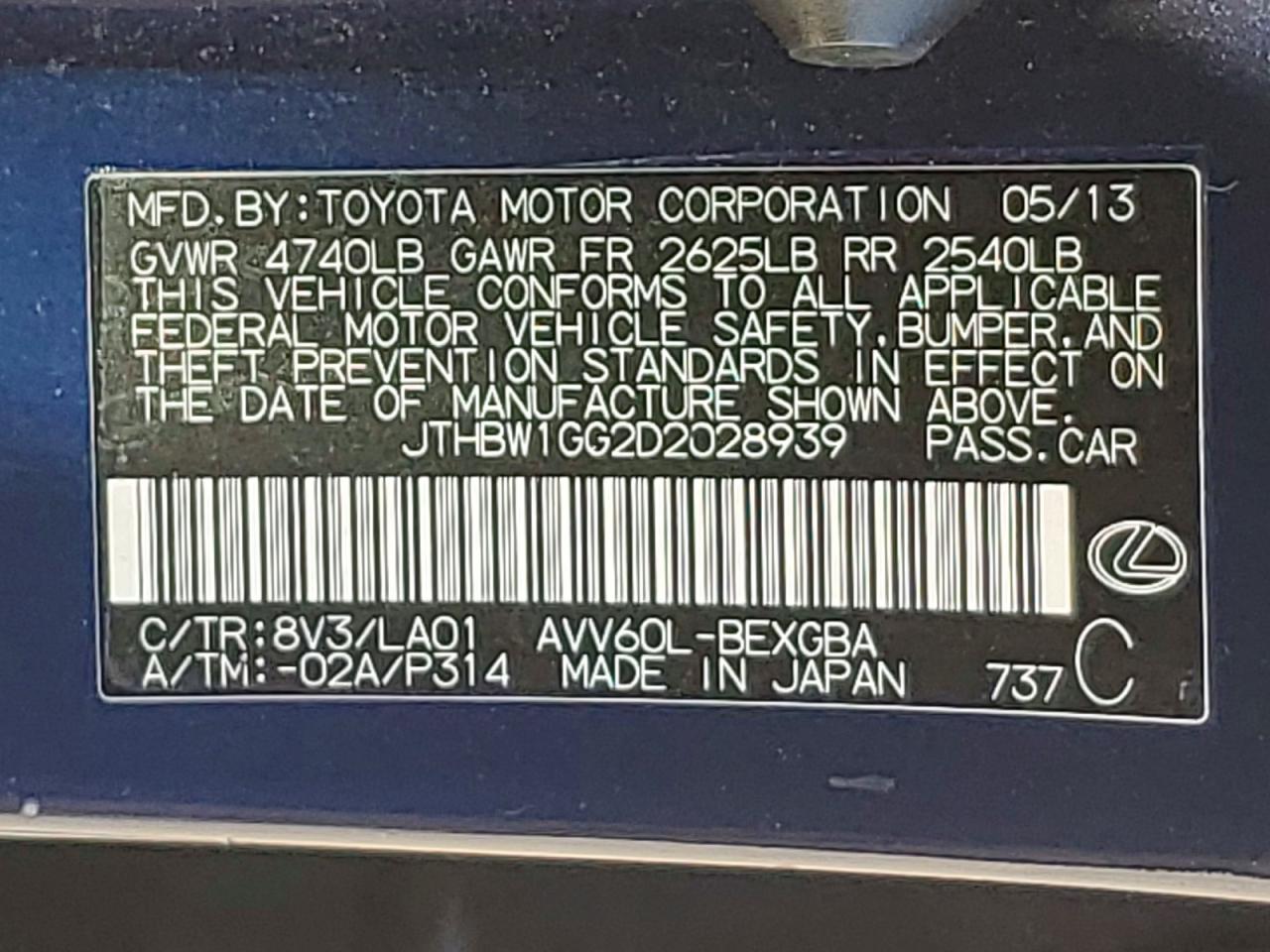 2013 Lexus Es 300h Blue vin: JTHBW1GG2D2028939