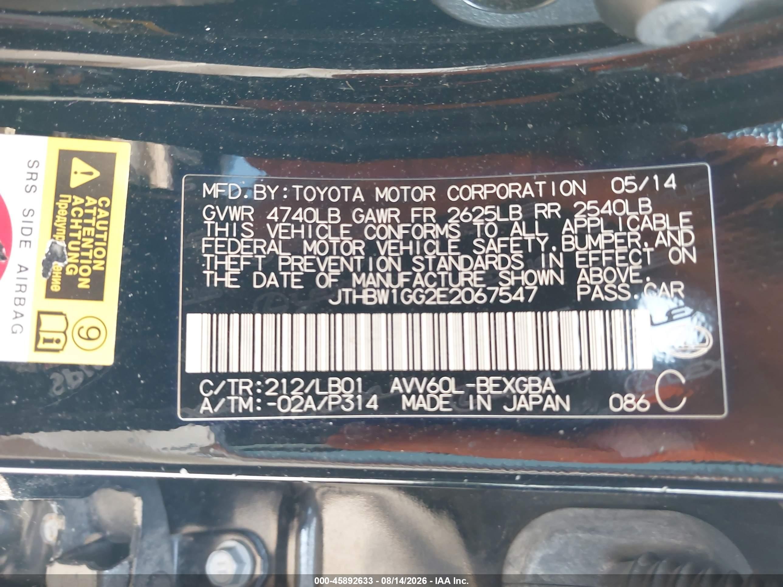 2014 Lexus Es 300h   Black vin: JTHBW1GG2E2067547
