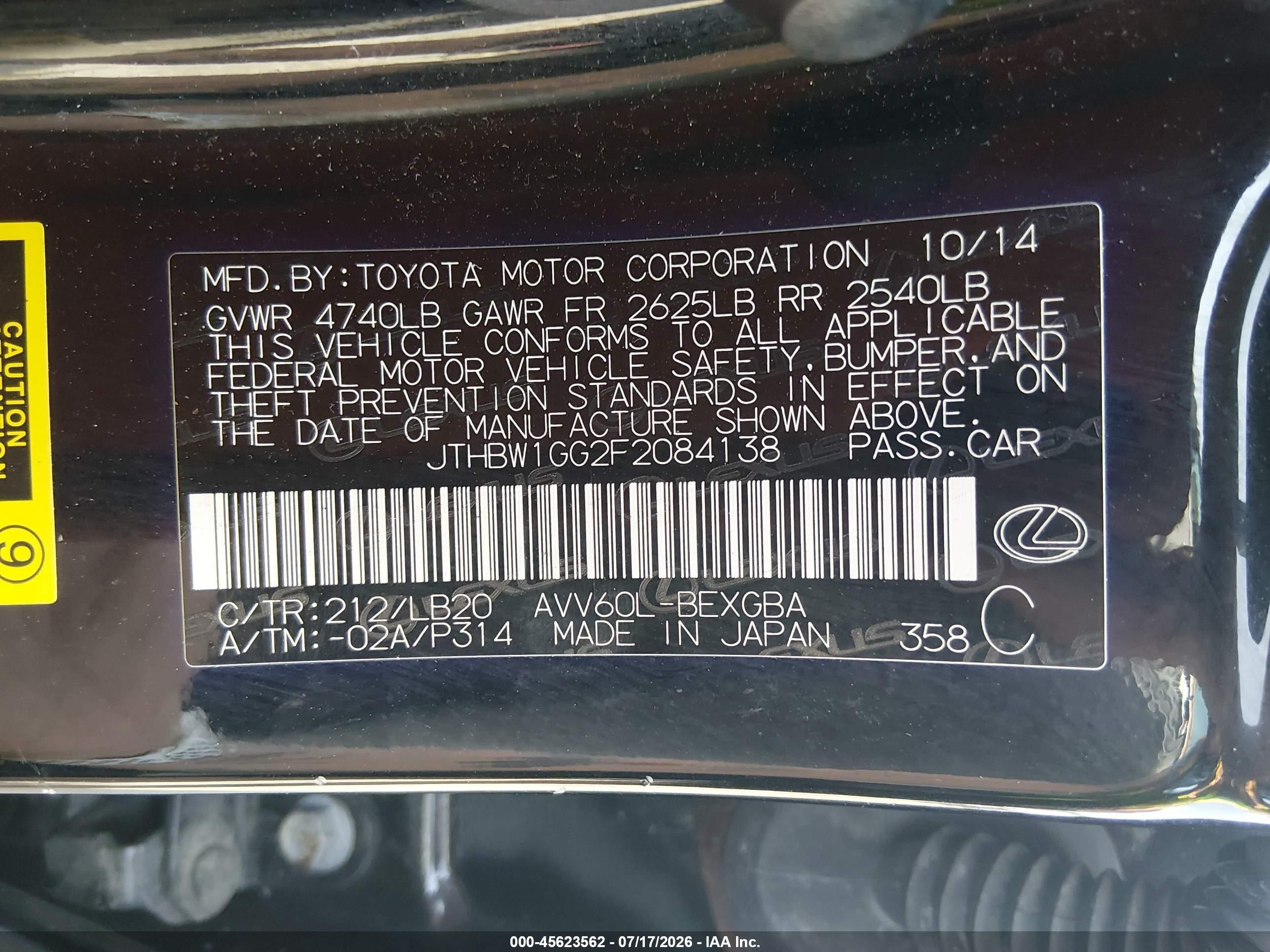 2015 Lexus Es 300h   Black vin: JTHBW1GG2F2084138