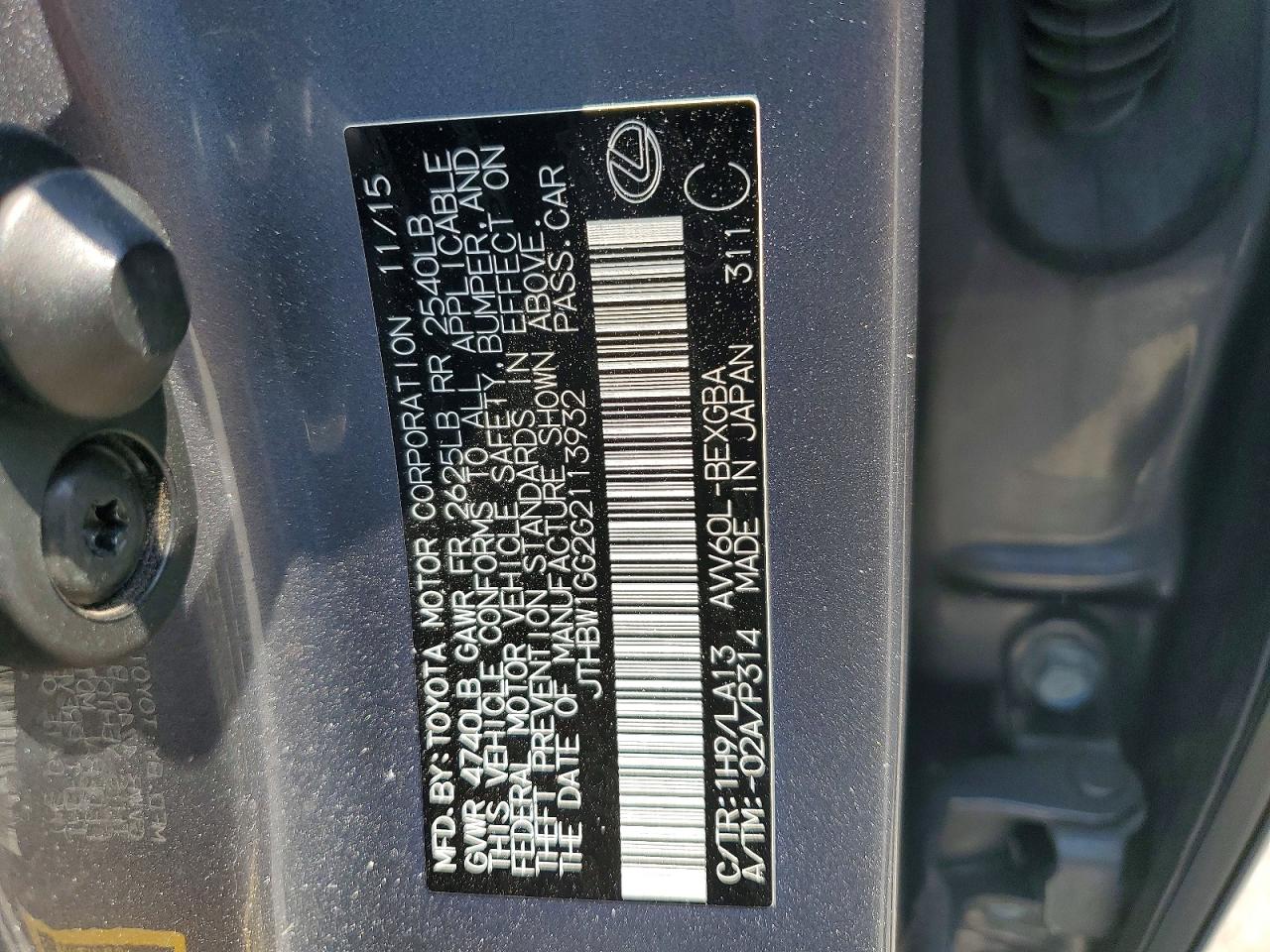 2016 Lexus Es 300h Charcoal vin: JTHBW1GG2G2113932