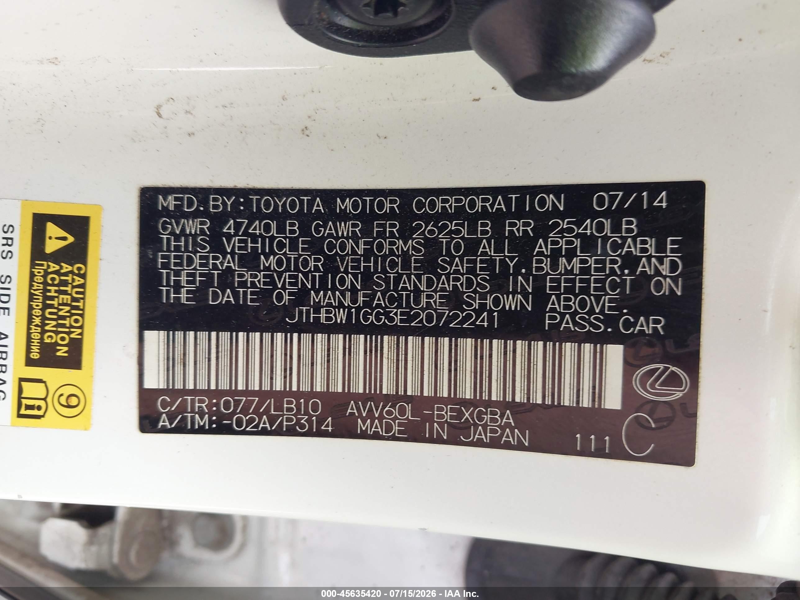 2014 Lexus Es 300h   White vin: JTHBW1GG3E2072241
