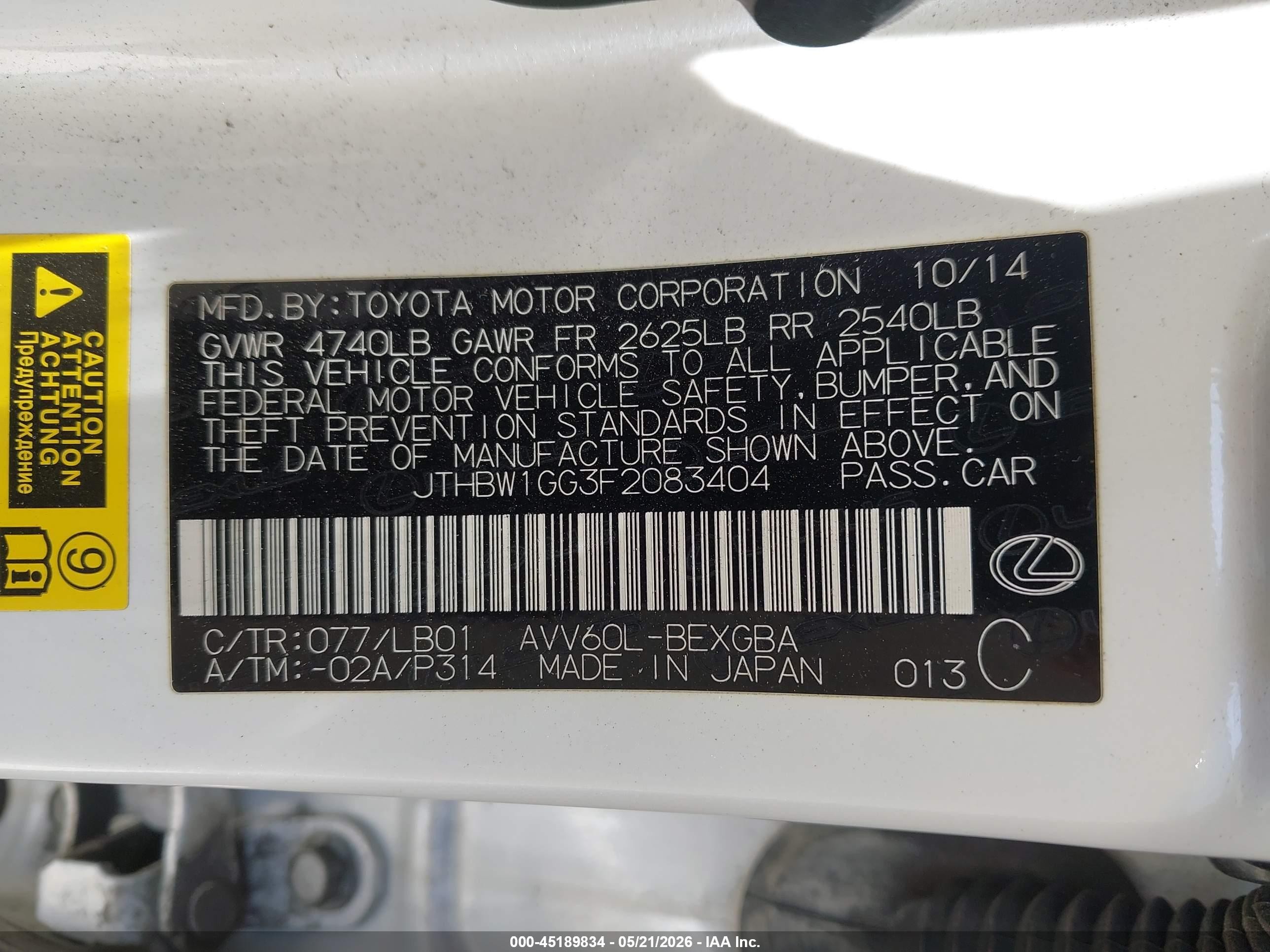 2015 Lexus Es 300h   White vin: JTHBW1GG3F2083404