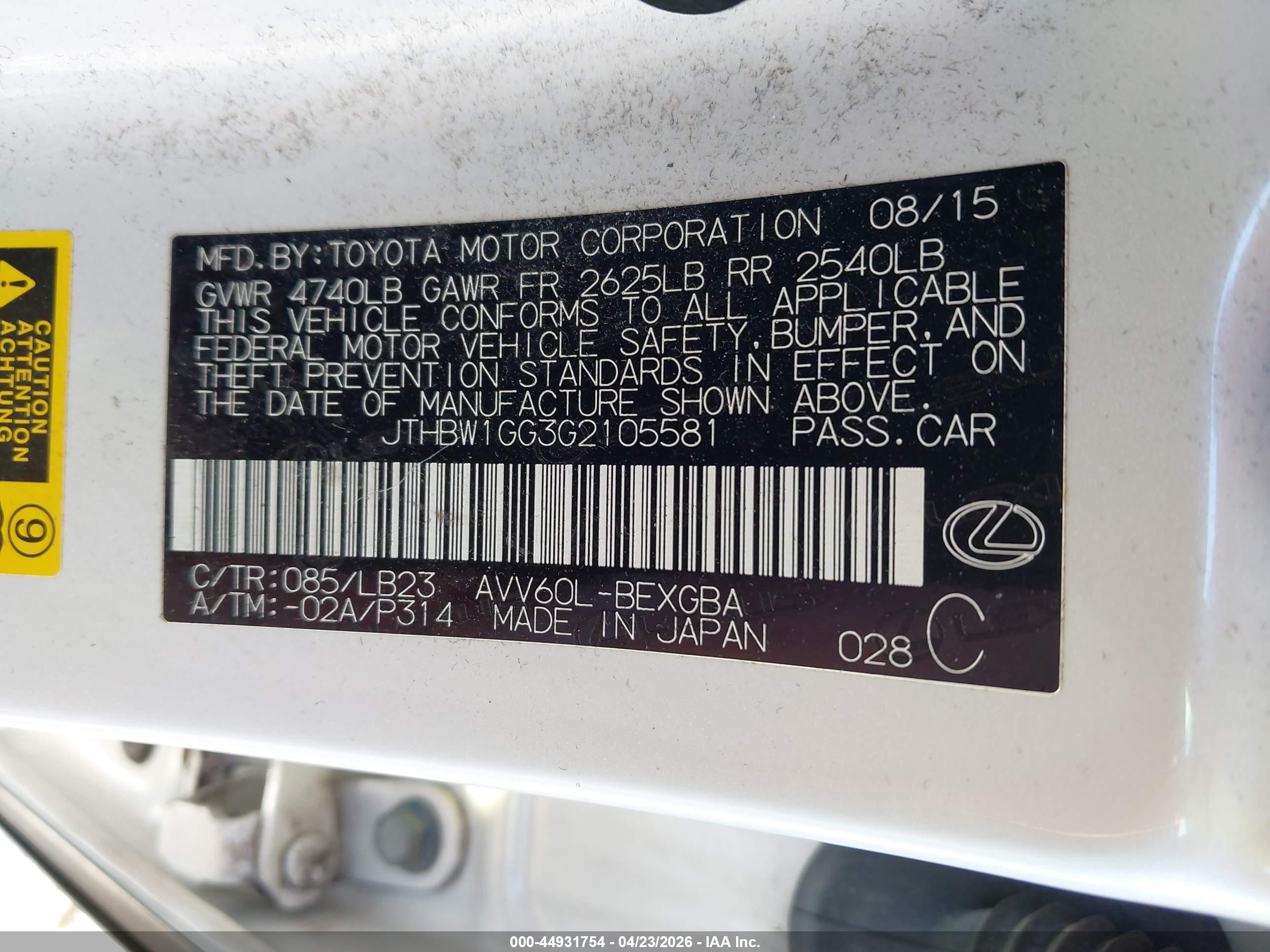 2016 Lexus Es 300h White vin: JTHBW1GG3G2105581